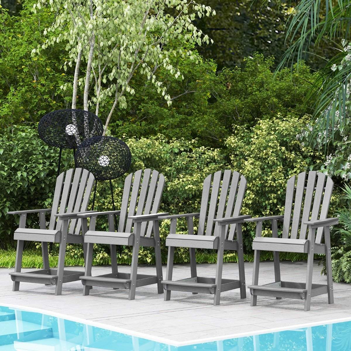 Four grey Adirondack chairs by a pool, with modern spherical lamps behind.