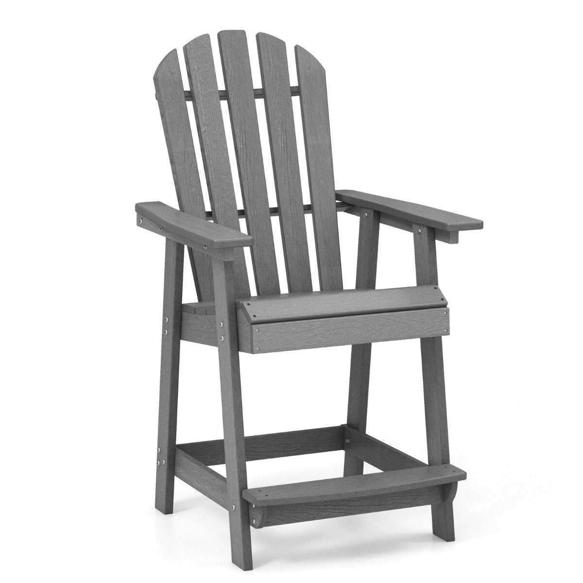 A gray Adirondack chair with a footrest, isolated on a white background.