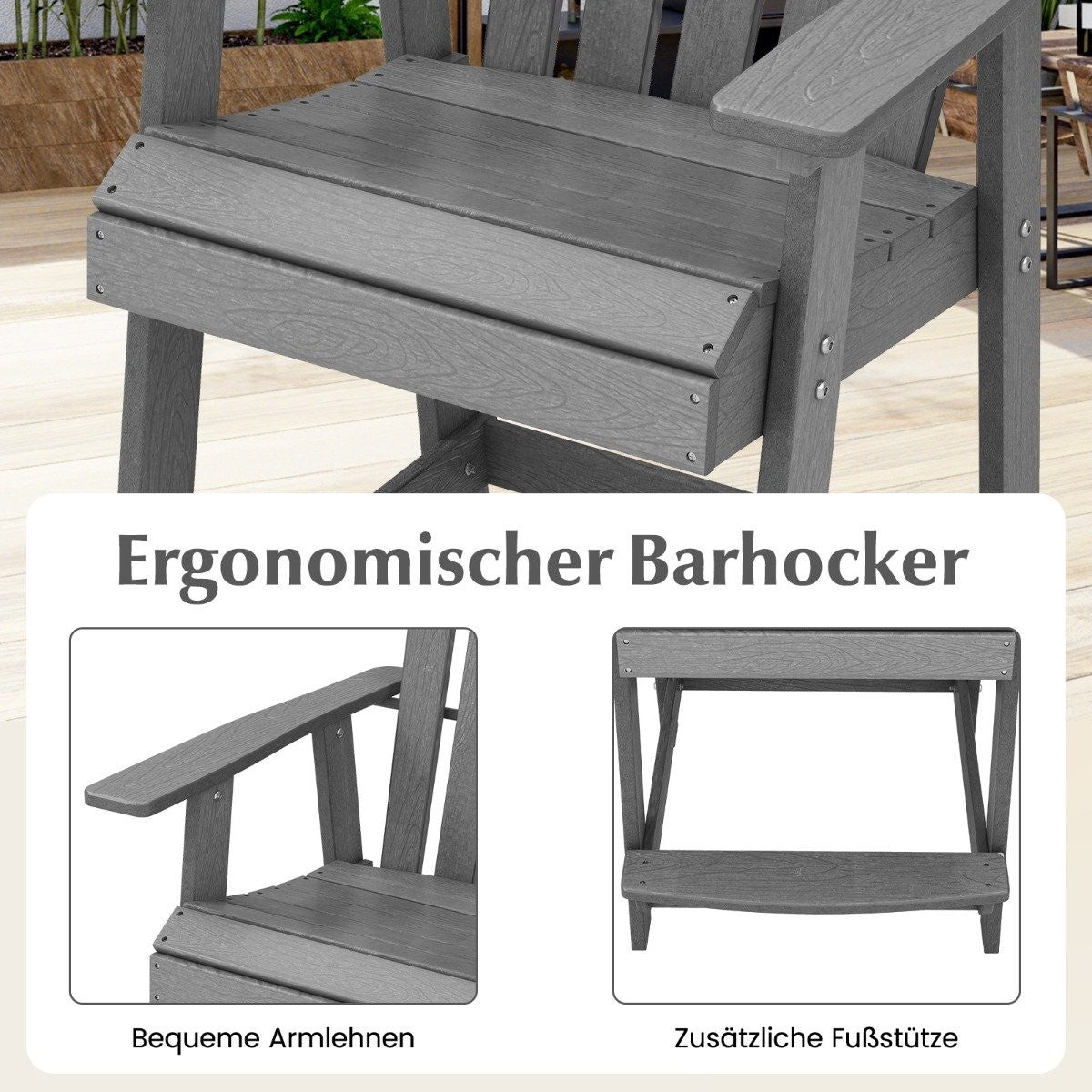 Gray bar stool with armrests and footrest on a wooden deck.