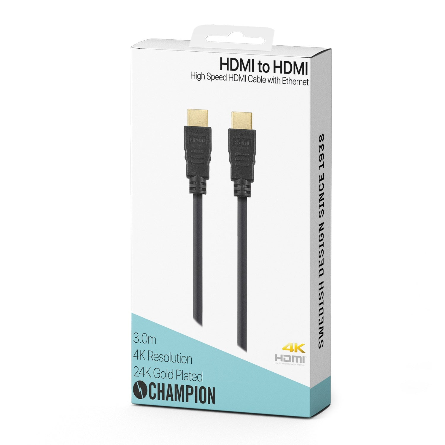 Packaging for a 3.0m Champion HDMI cable, 4K resolution, 24K gold plated.