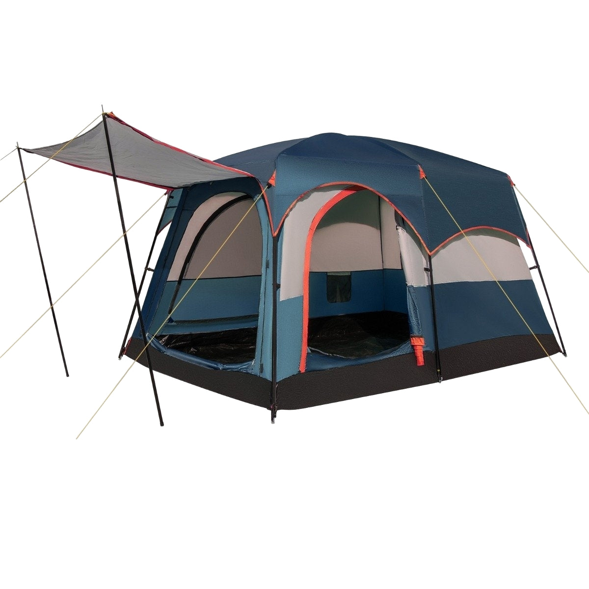 Een blauwe en grijze campingtent met luifel, opgesteld op een witte achtergrond.