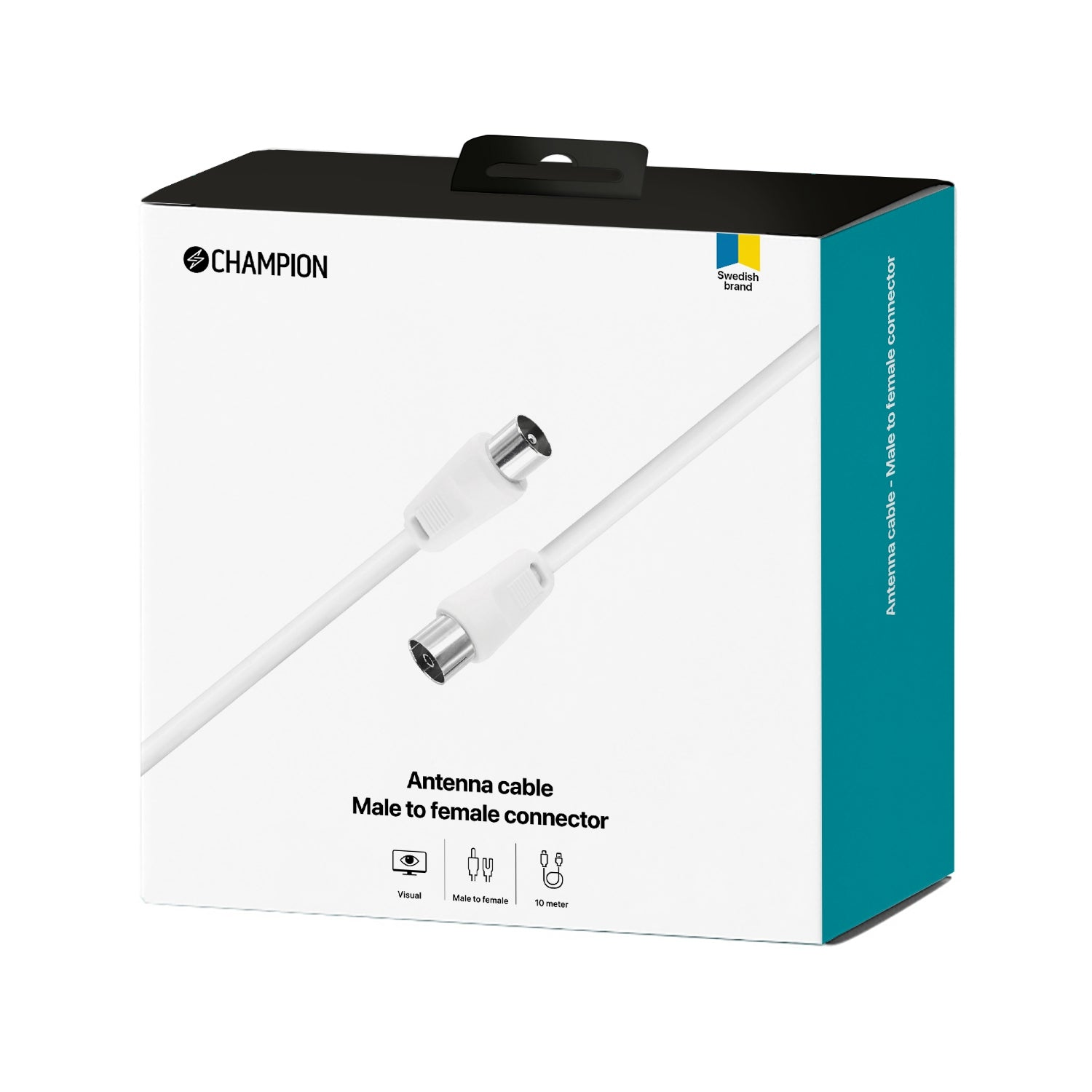 Verpakking van witte antennekabel met mannelijke en vrouwelijke connectoren.