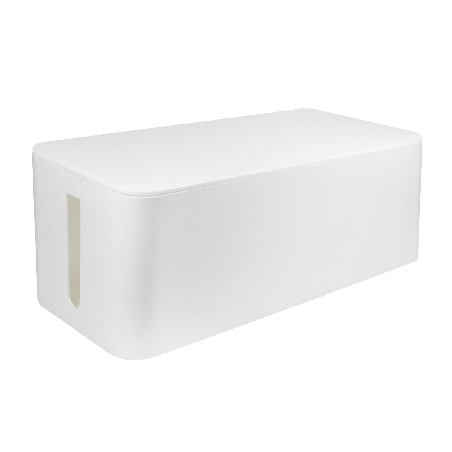 White cable management box with side slots for organizing wires.