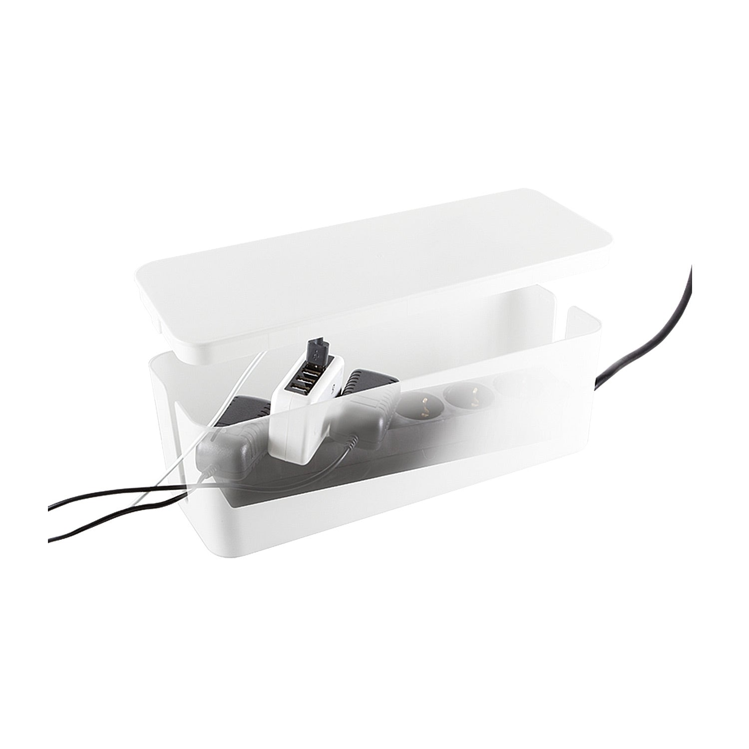 White cable management box with power strip, adapter, and cables.