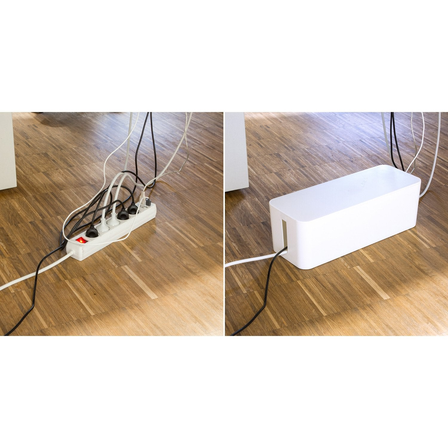 Tangled cables vs. a tidy cable management box on a wooden floor.