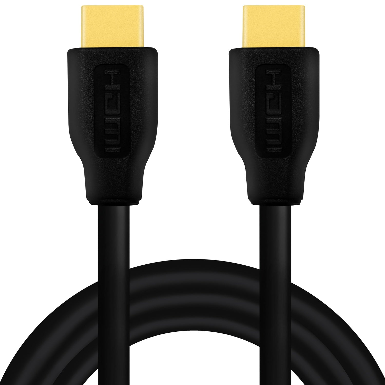 Two black HDMI cables with gold connectors on a white background.