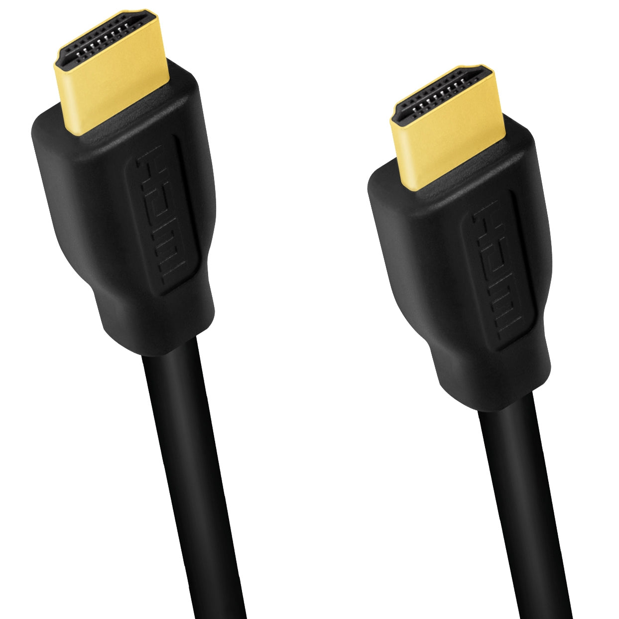 Two black HDMI cables with gold connectors on a white background.