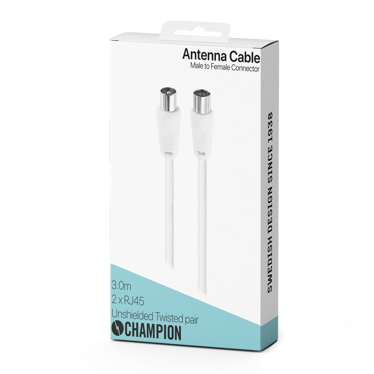Verpakte witte antennekabel met mannelijke naar vrouwelijke connector.