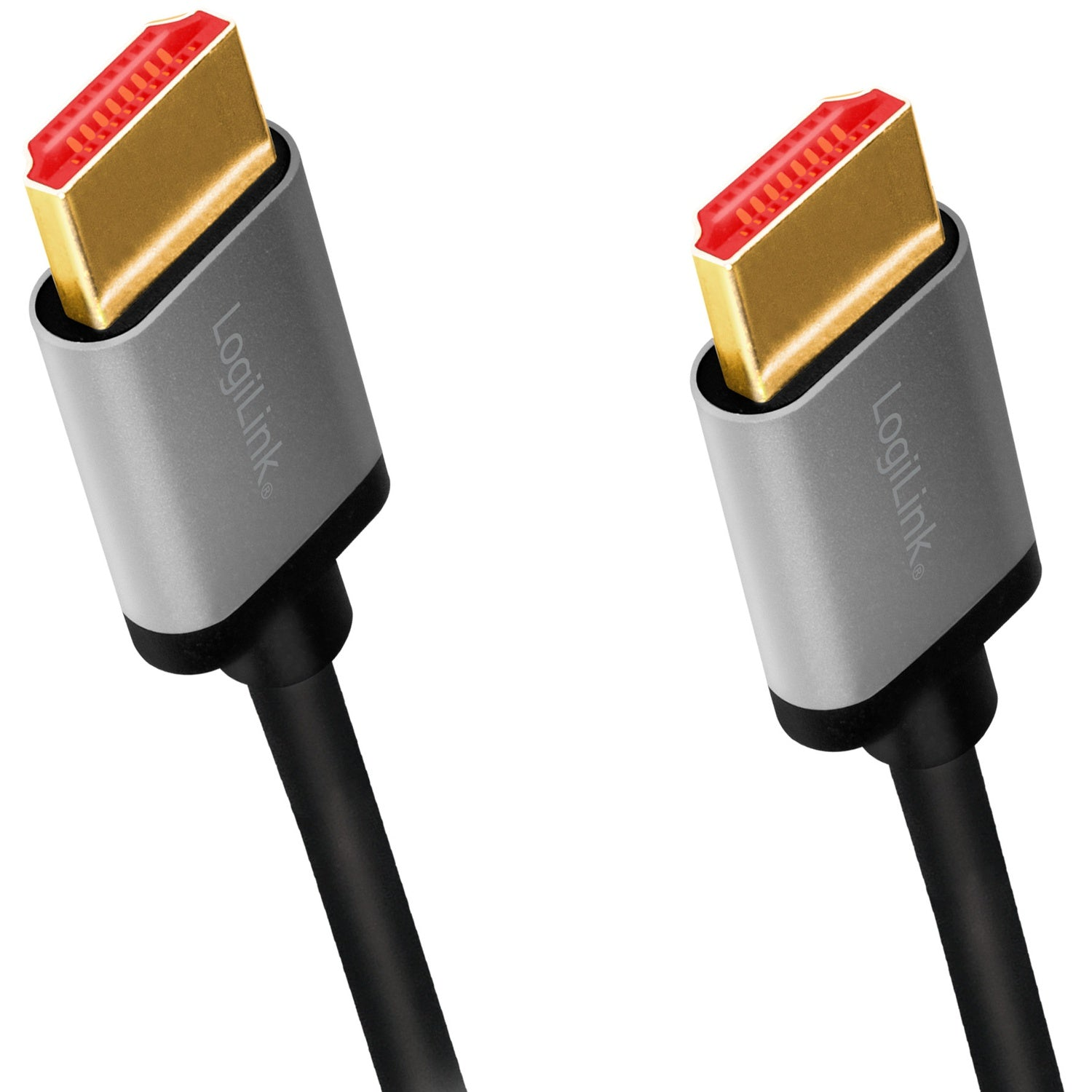 Two HDMI connectors with gold contacts and red insulation.