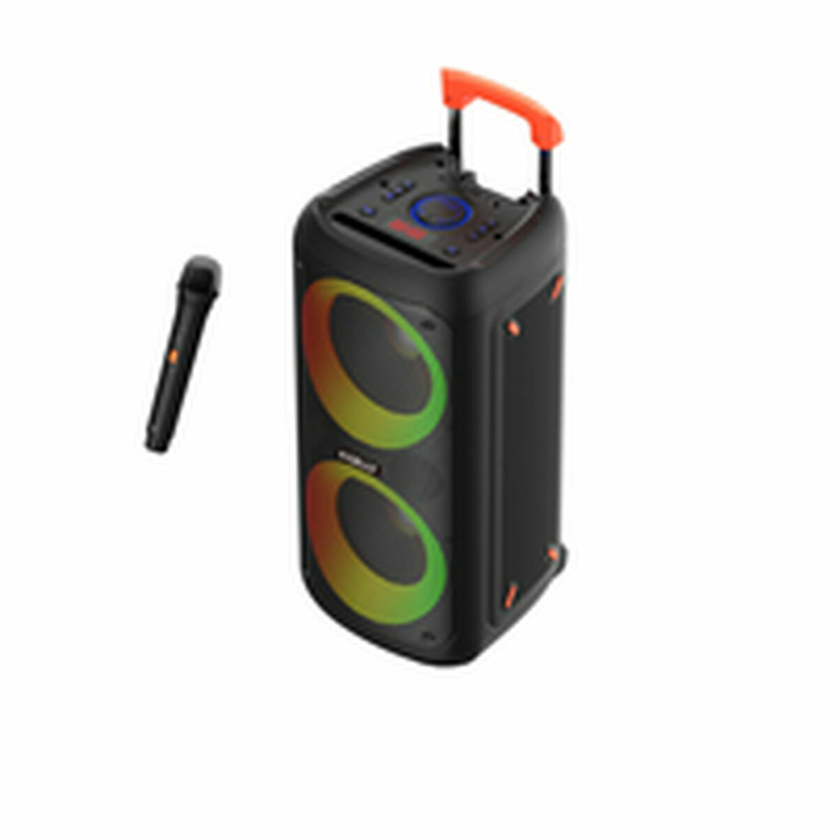 Altoparlante portatile nero con microfono, altoparlanti illuminati e maniglia arancione.