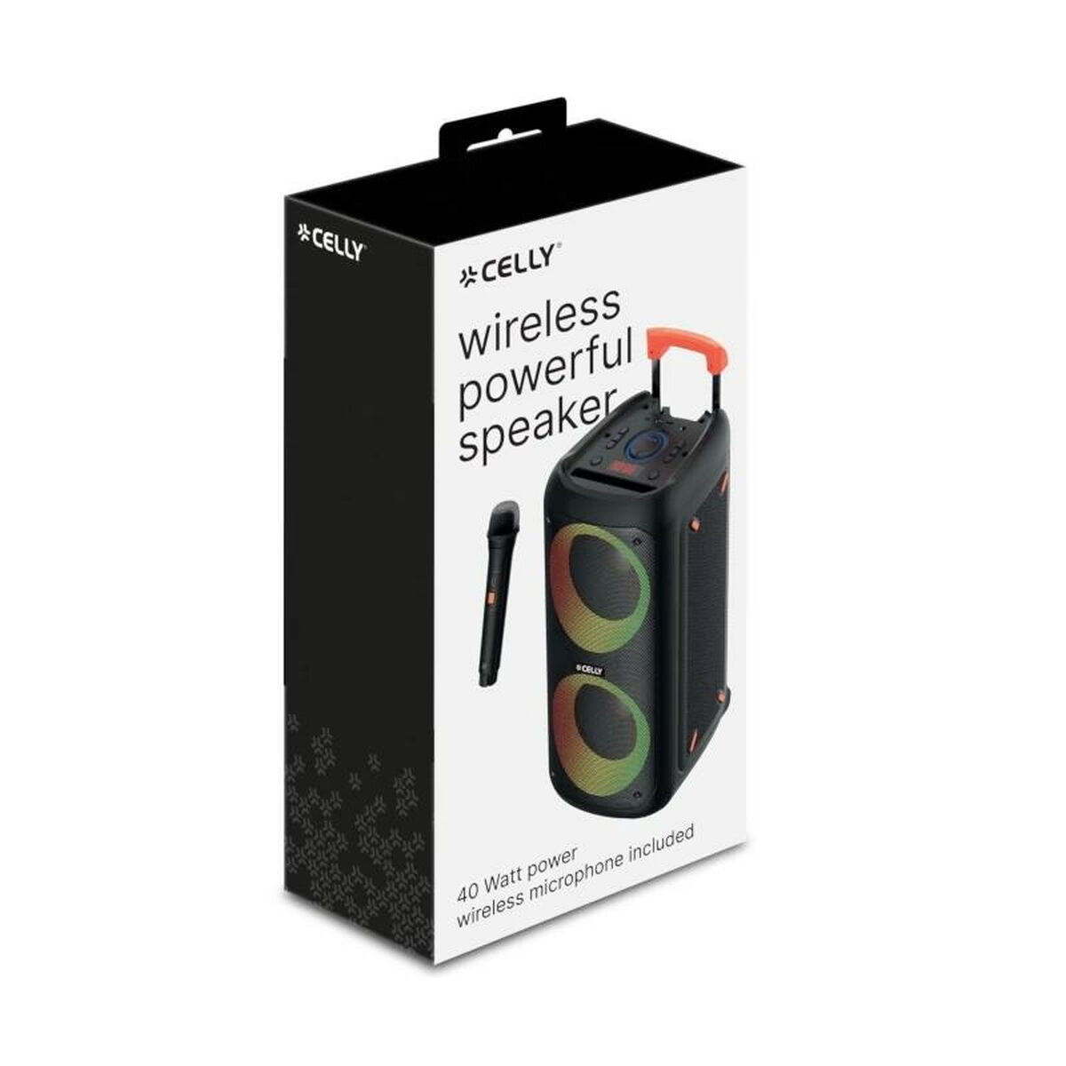 Un altoparlante wireless Celly con microfono su sfondo bianco. Le luci sono colorate.