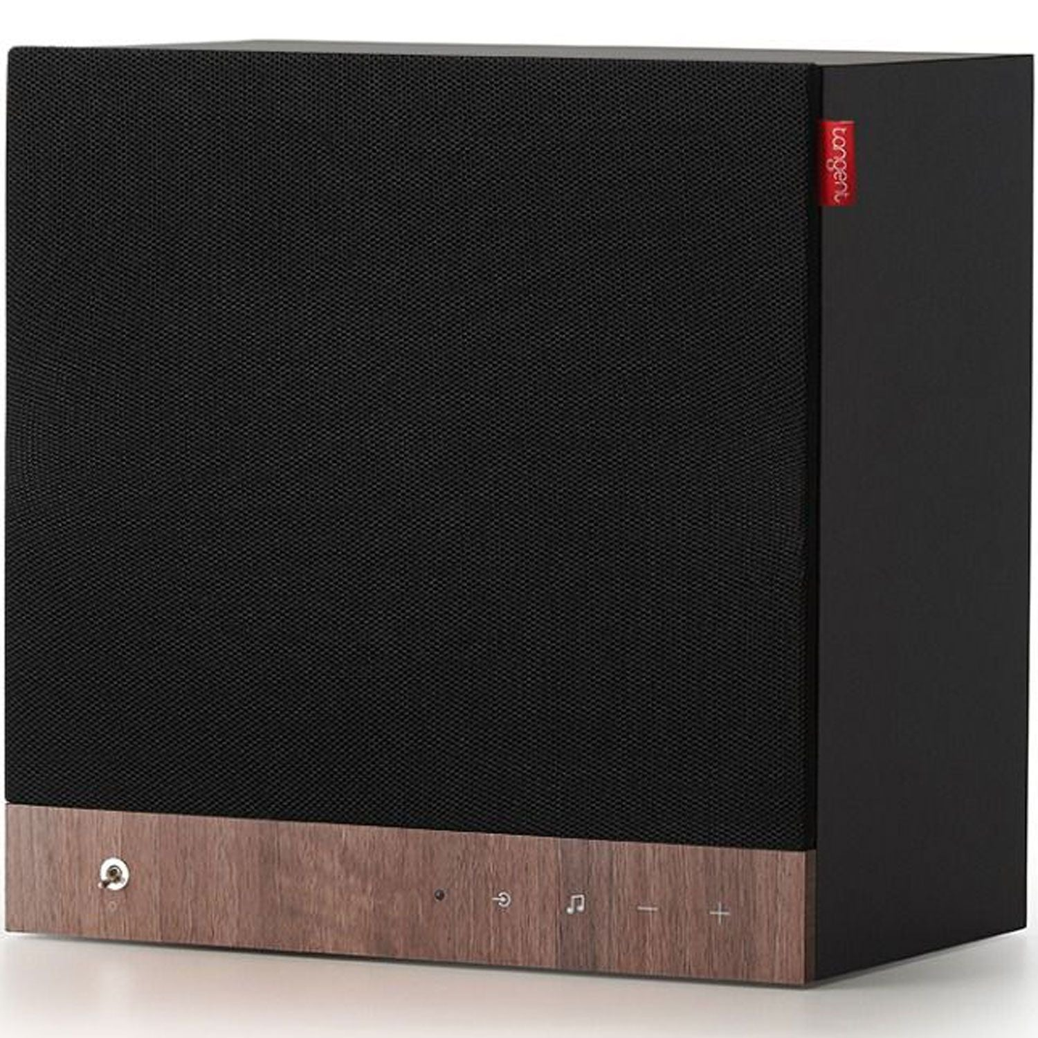 Un altoparlante nero con base in legno e pulsanti di controllo.
