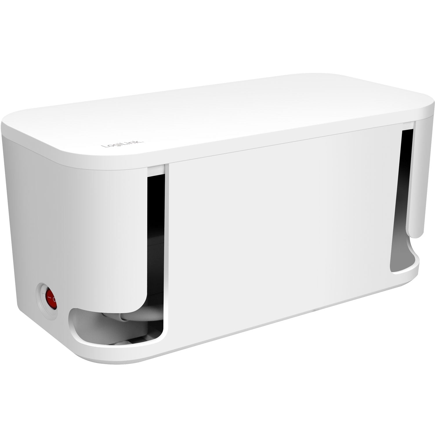 White cable management box with slots and a red switch on the side.