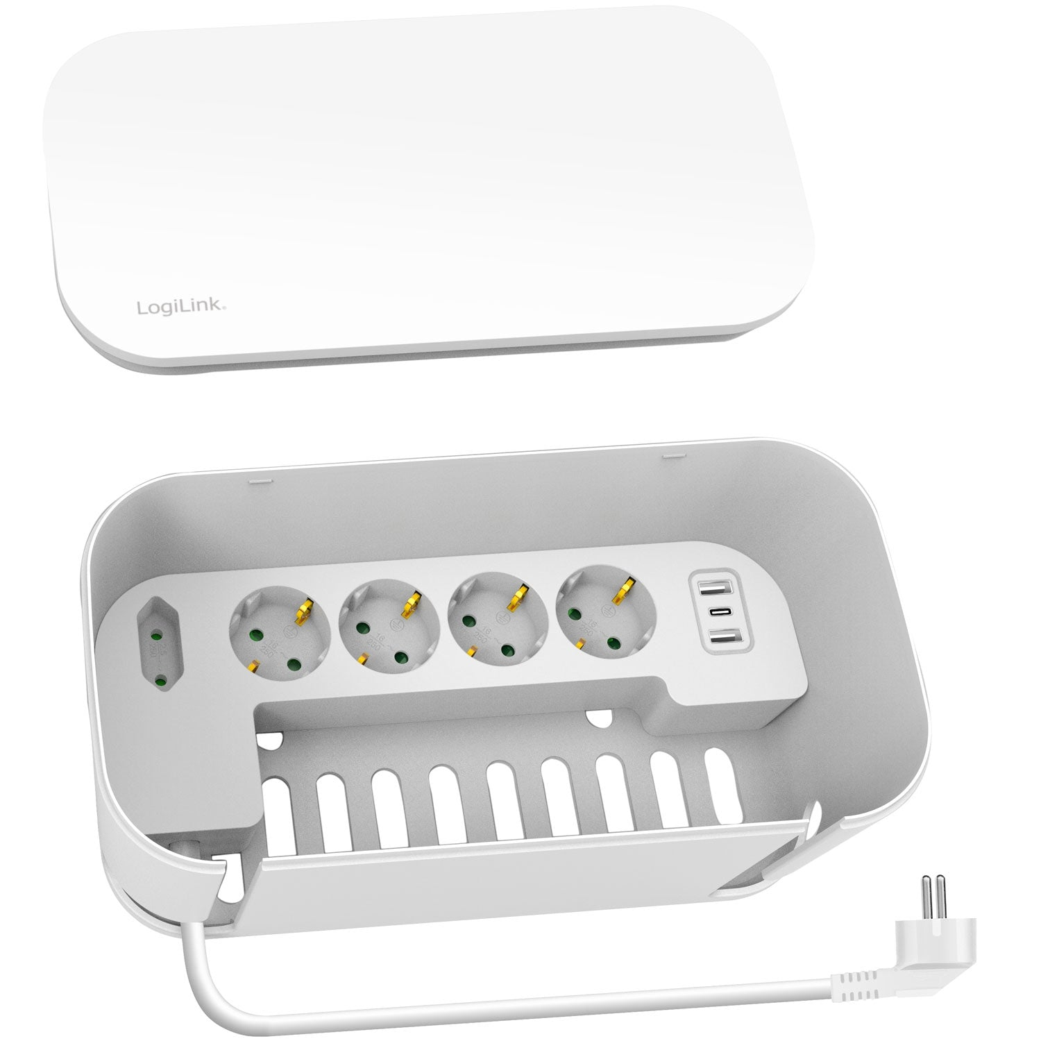 White cable management box with power strip, USB ports, and detachable lid. LogiLink logo visible.
