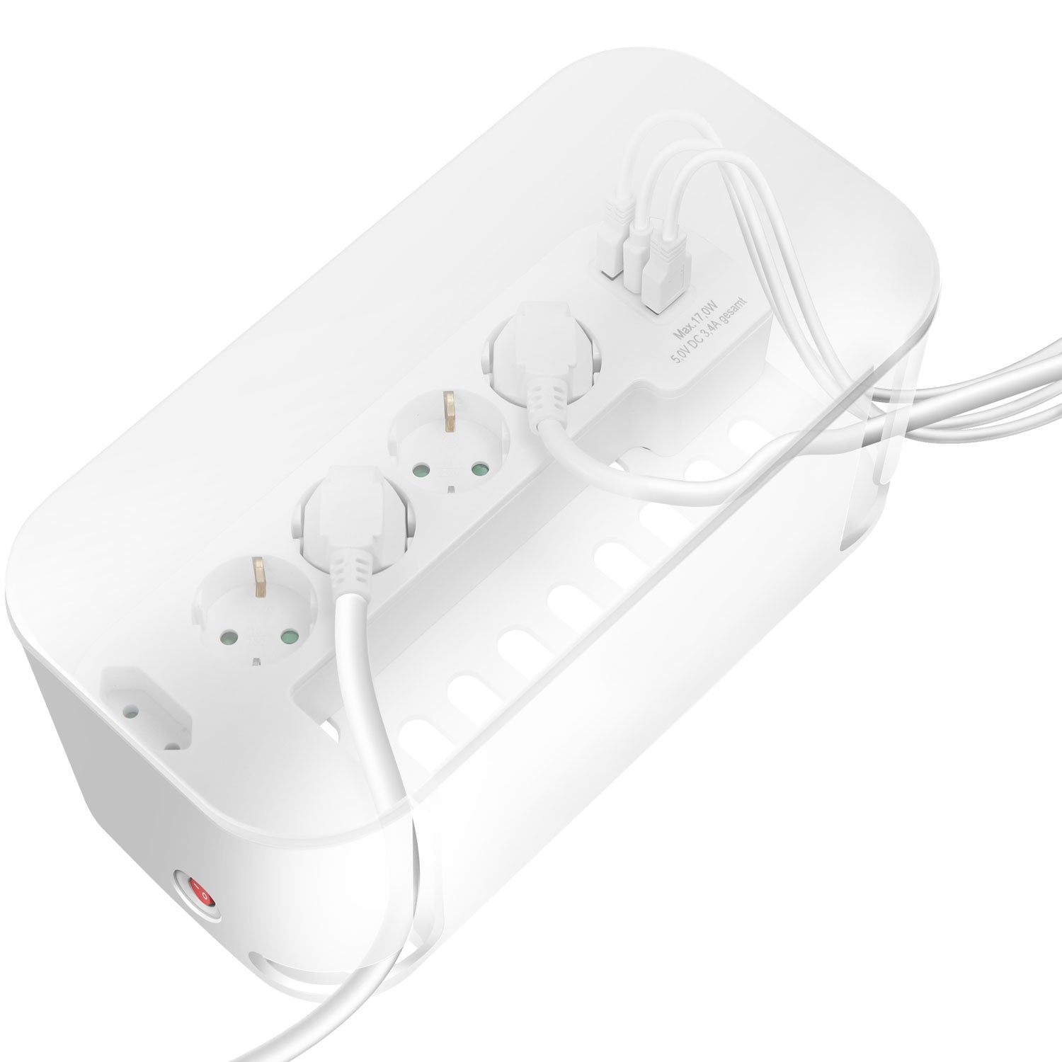 A white cable management box with a power strip and multiple plugged-in cords.