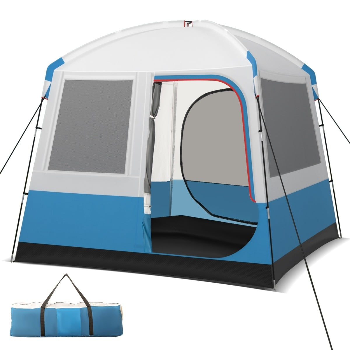 Een blauw-witte campingtent met ramen en een open deur. Een draagtas ervoor.