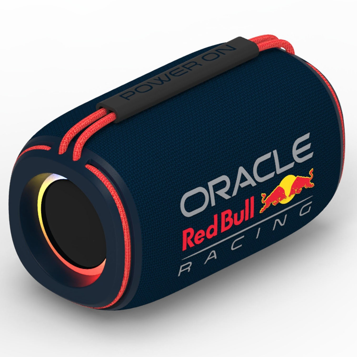 Altoparlante blu scuro con logo Red Bull Racing, bordo rosso e testo 'POWER ON'.