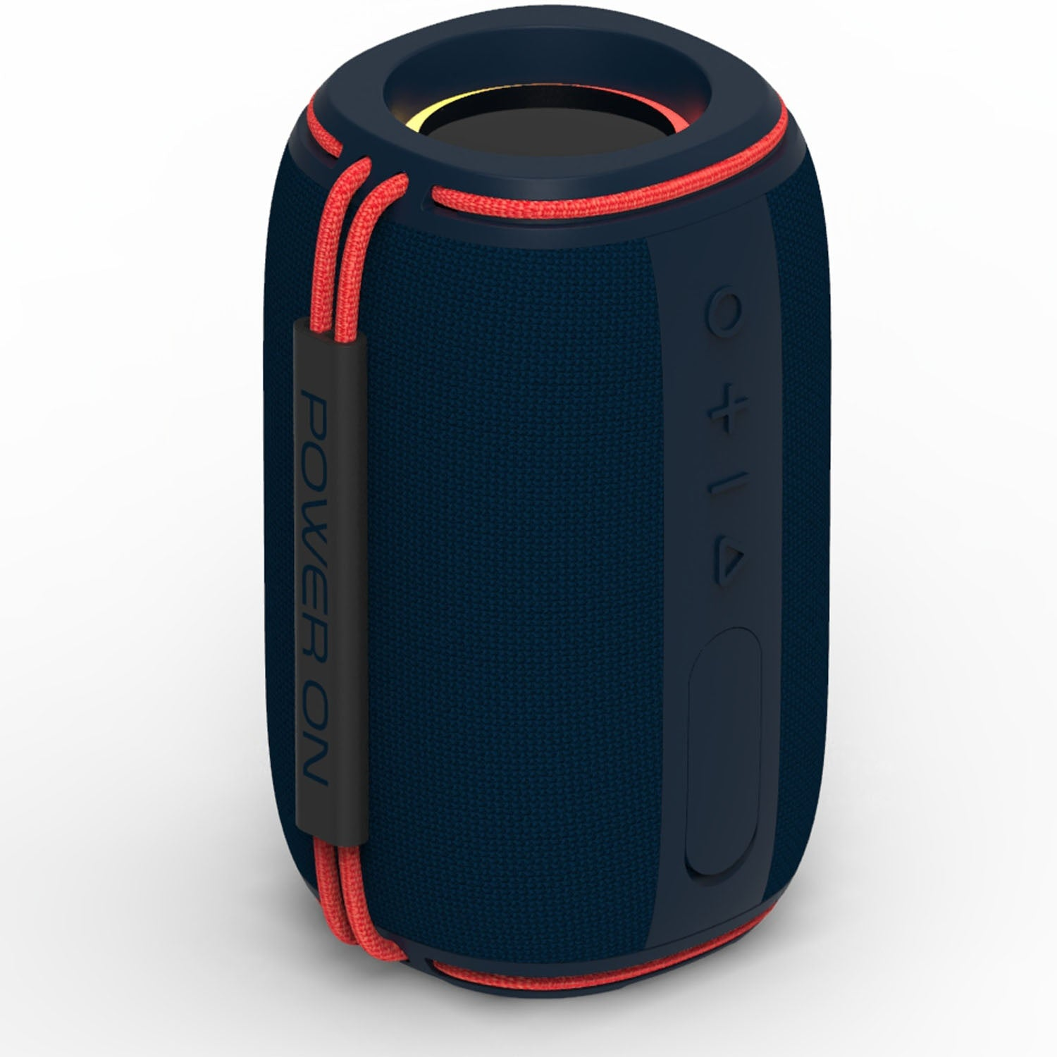 Un altoparlante portatile blu scuro con accenti rossi e testo.