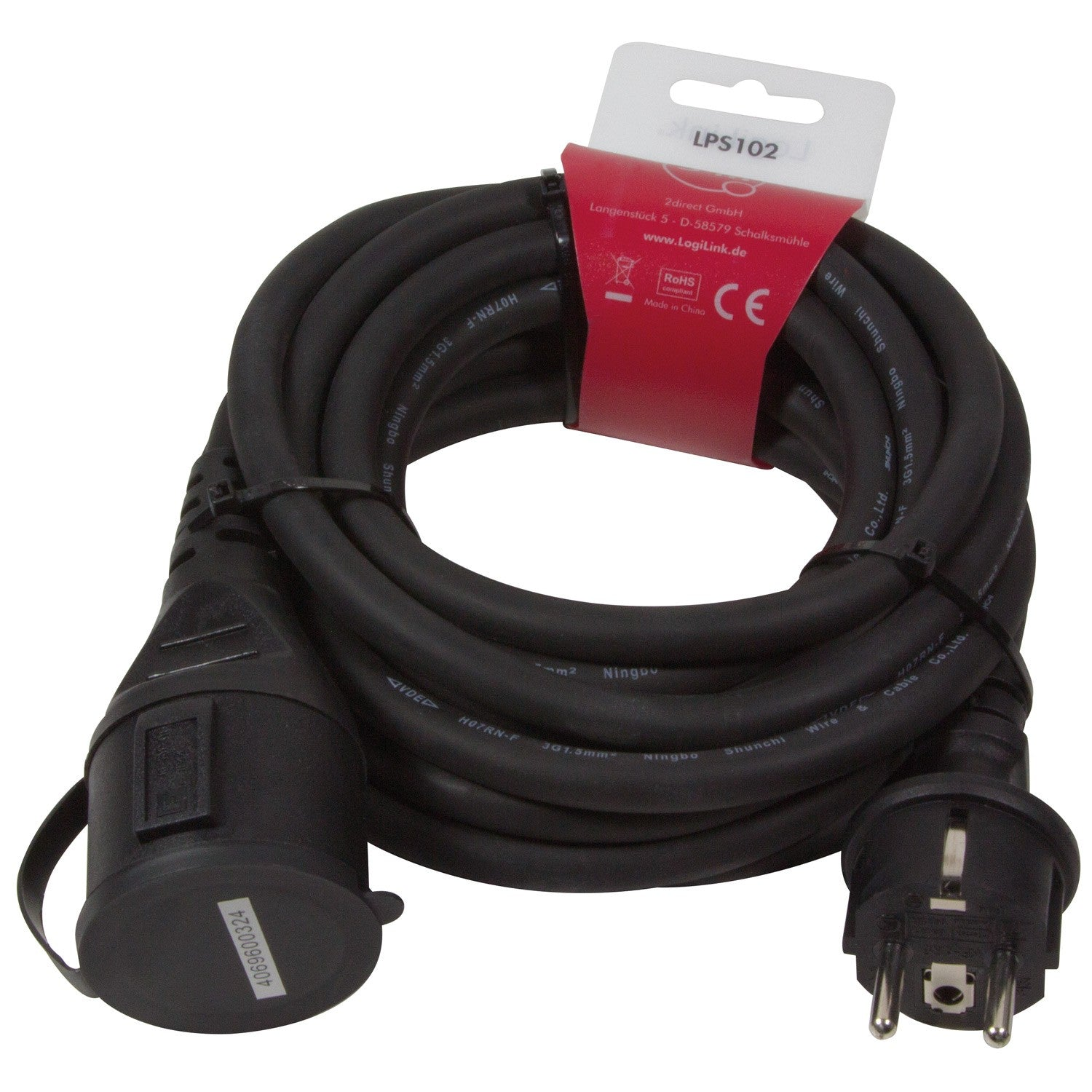 Zwart netsnoer met stekker, contrastekker en CE-keurmerk label.