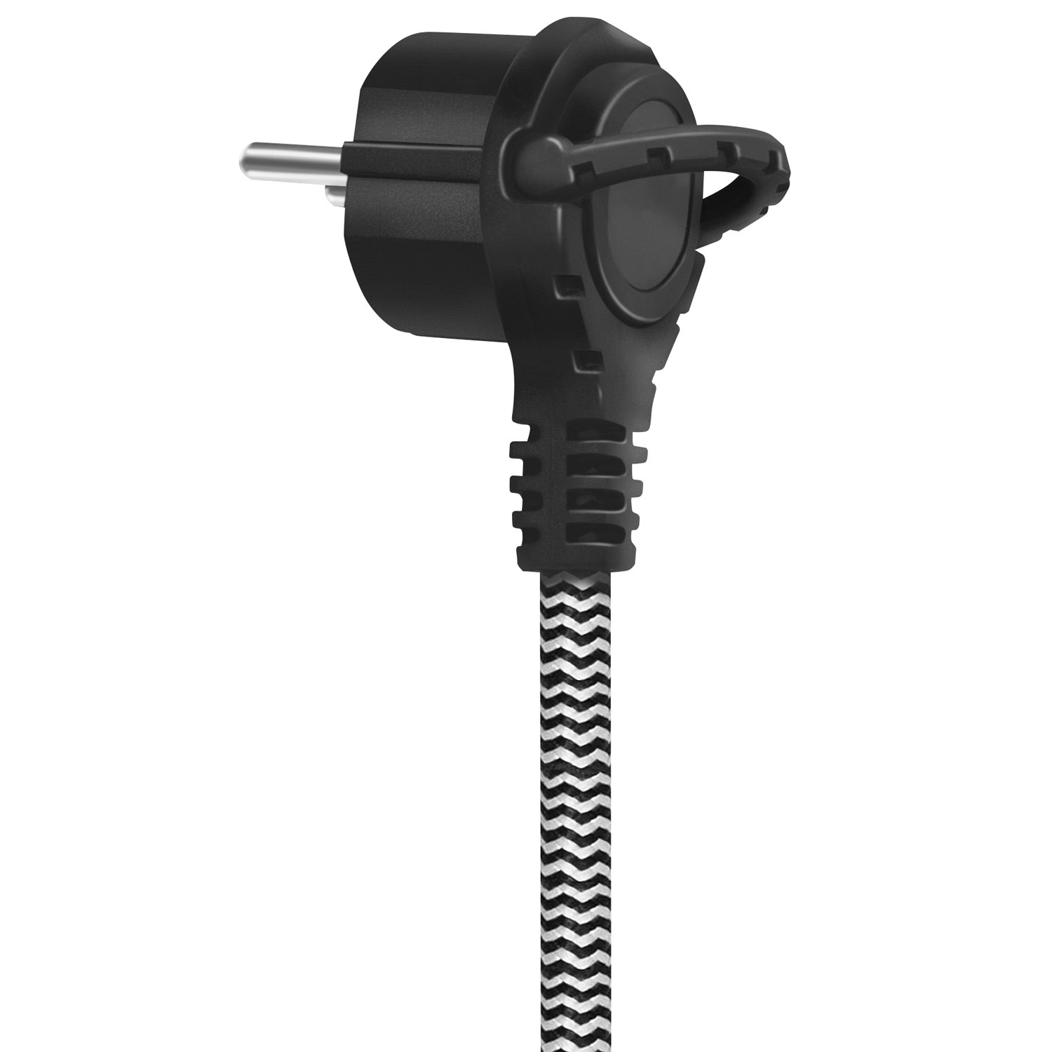 Zwarte stekker met zilveren pinnen en een zwart-wit zigzag snoer.