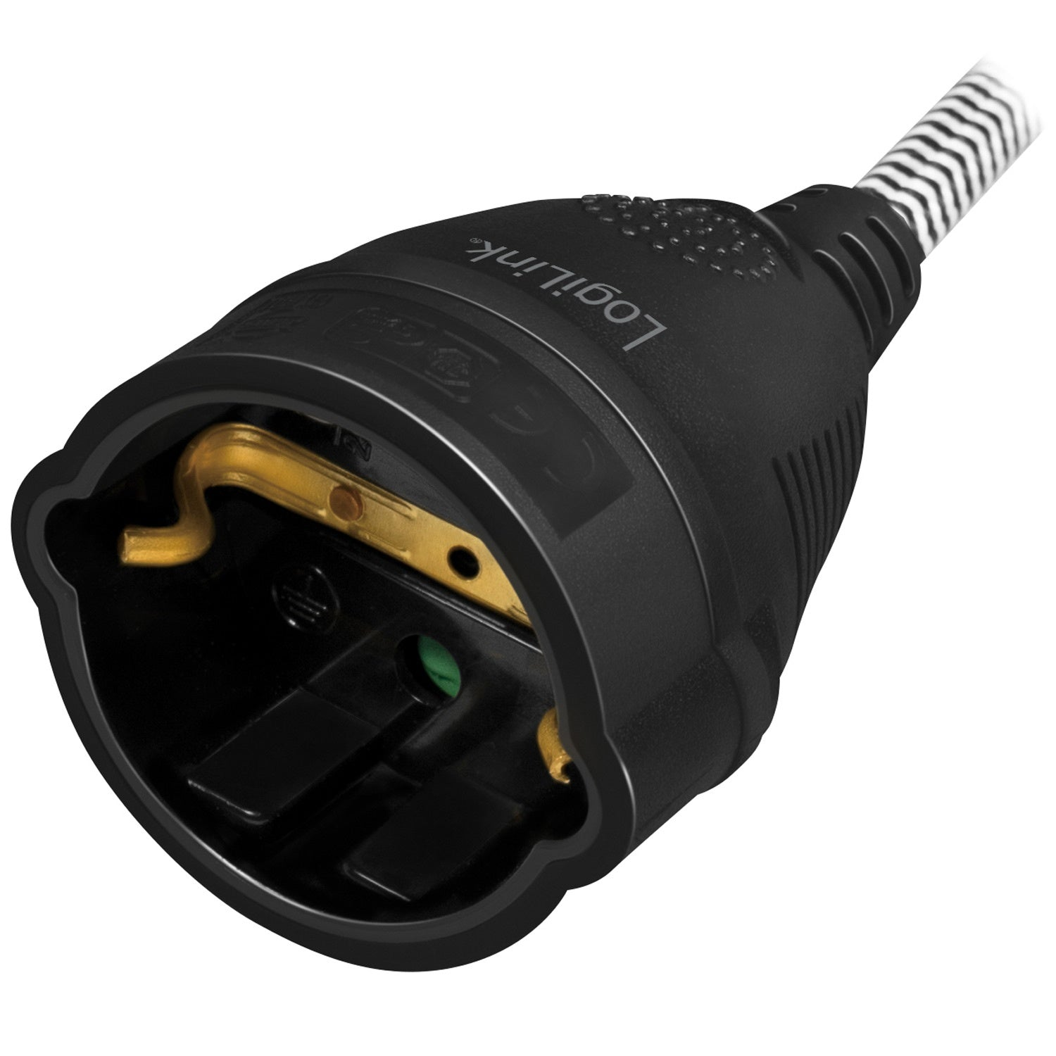 Zwarte stekker met zilverkleurige en zwarte kabel en gouden contacten.