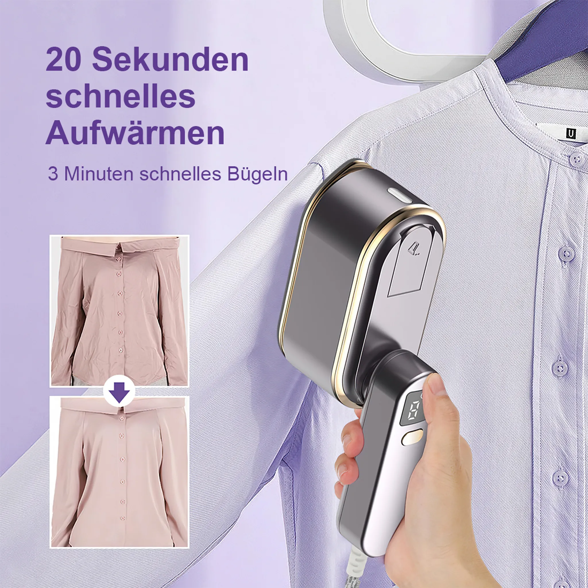 Hand-Dampfbügeleisen glättet ein Hemd, zeigt Vorher/Nachher-Bilder von Kleidung.