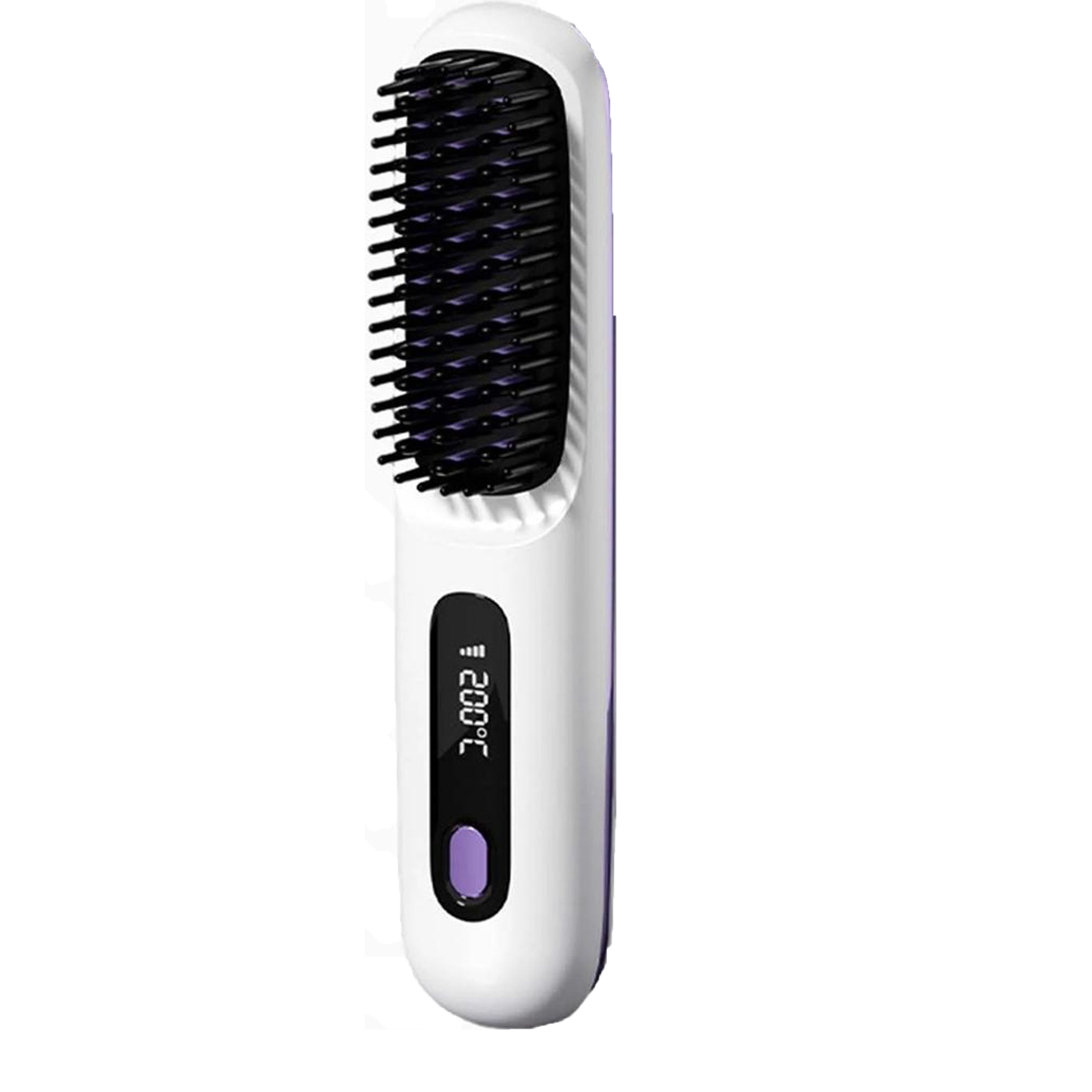 Ein weißer Haarglätterkamm mit schwarzen Borsten und einem lila Knopf.