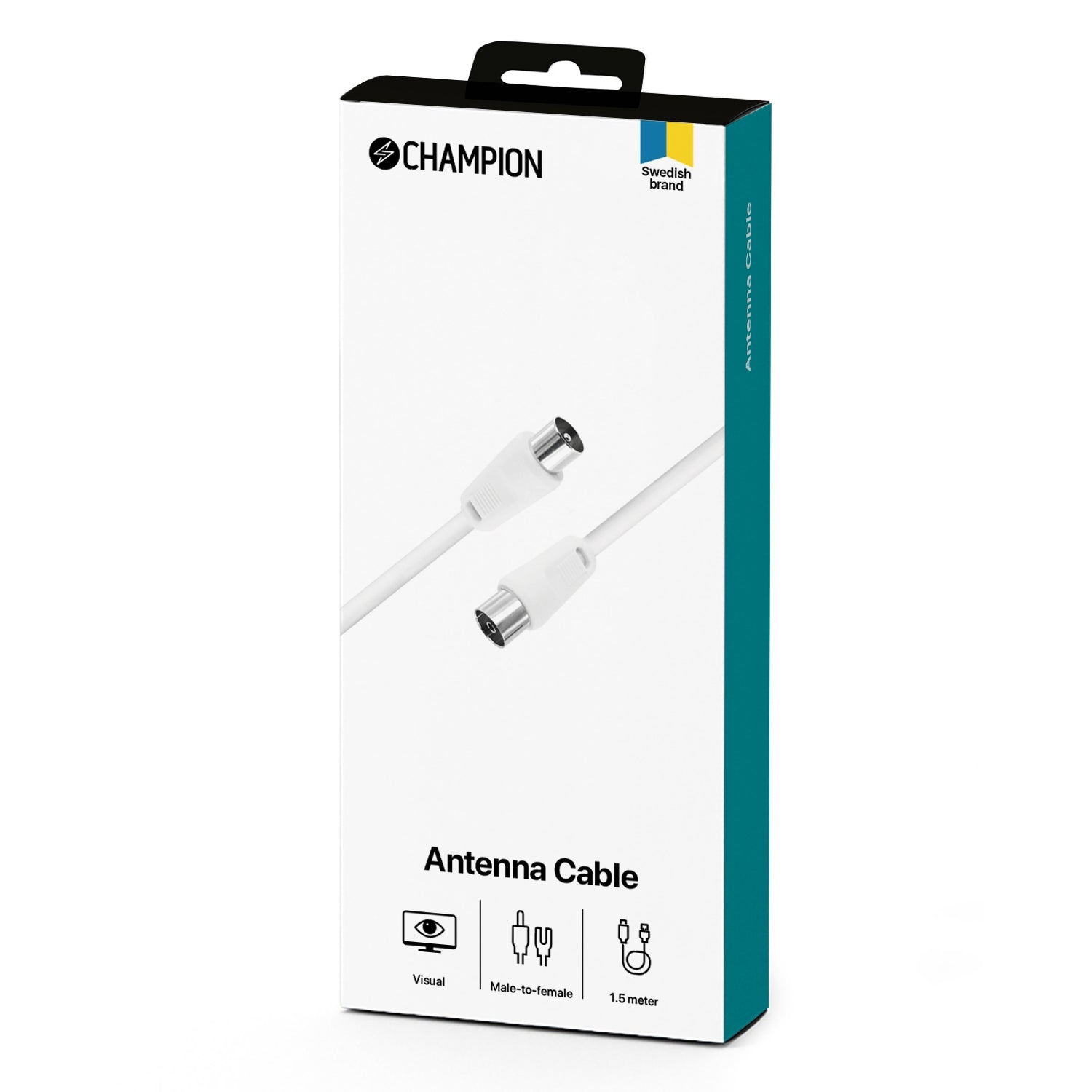Witte antennekabelverpakking met Champion-logo en Zweedse vlag.