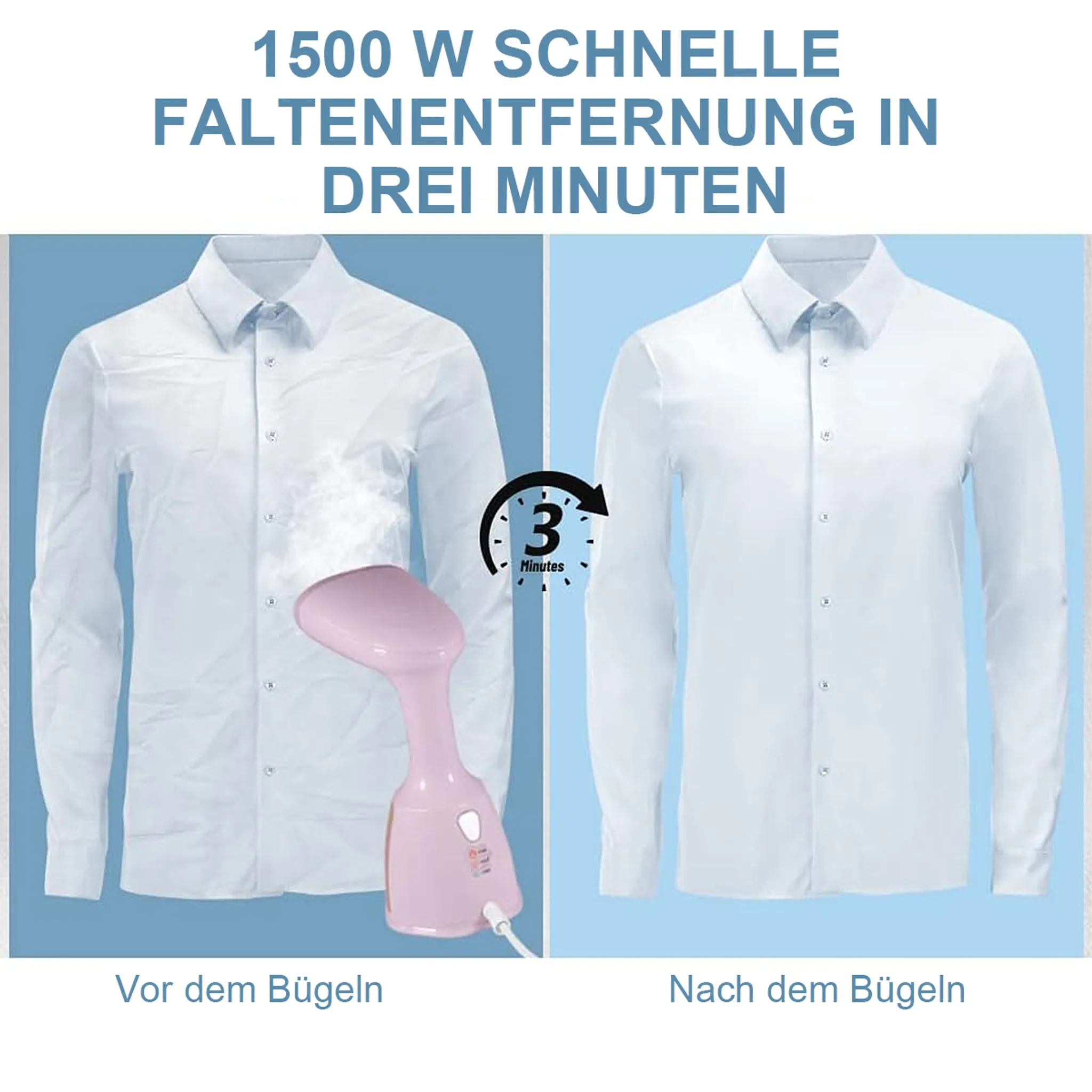 Vorher/Nachher: Ein faltiges Hemd wird mit einem Dampfglätter geglättet.