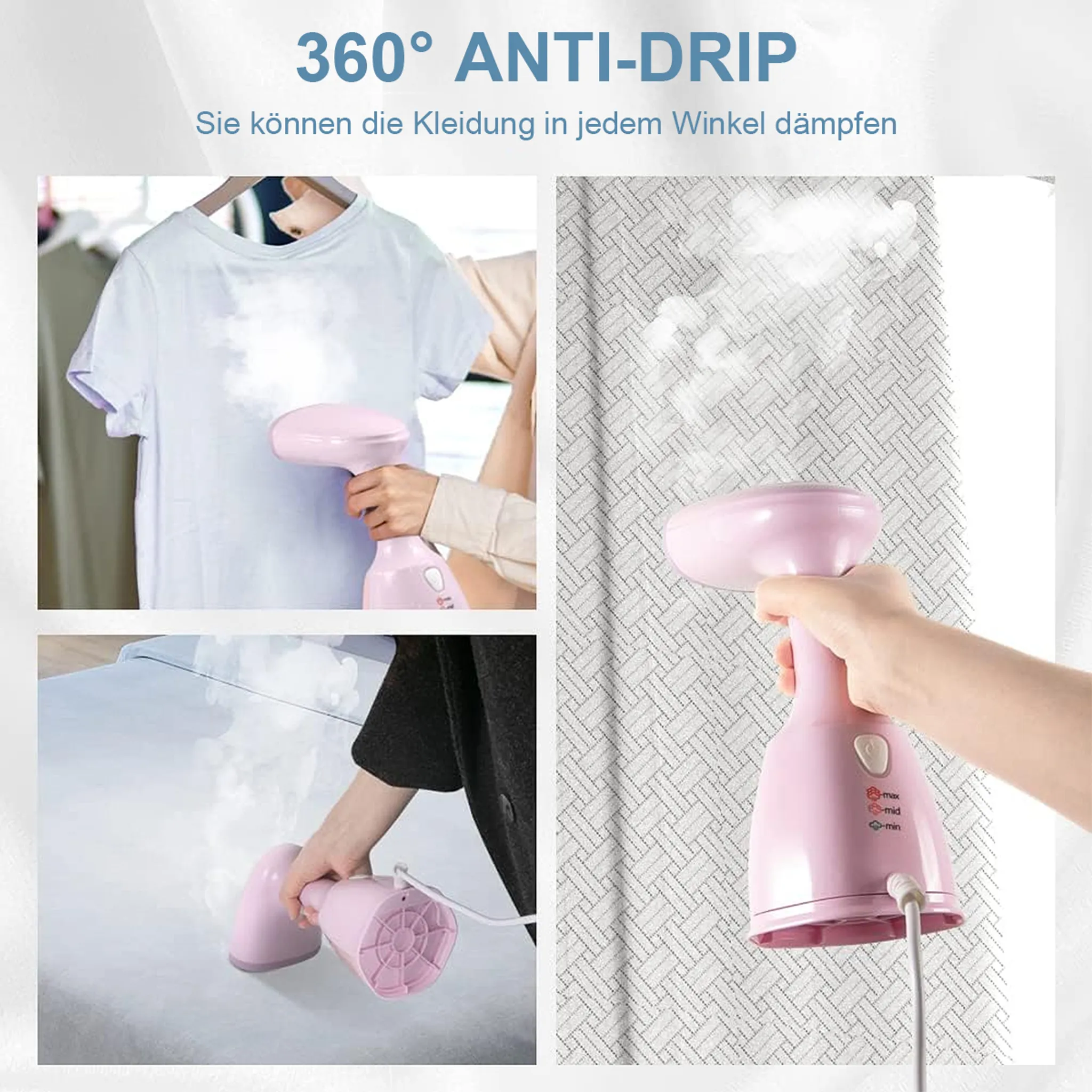 Ein rosa Dampfglätter wird verwendet, um Kleidung zu glätten.