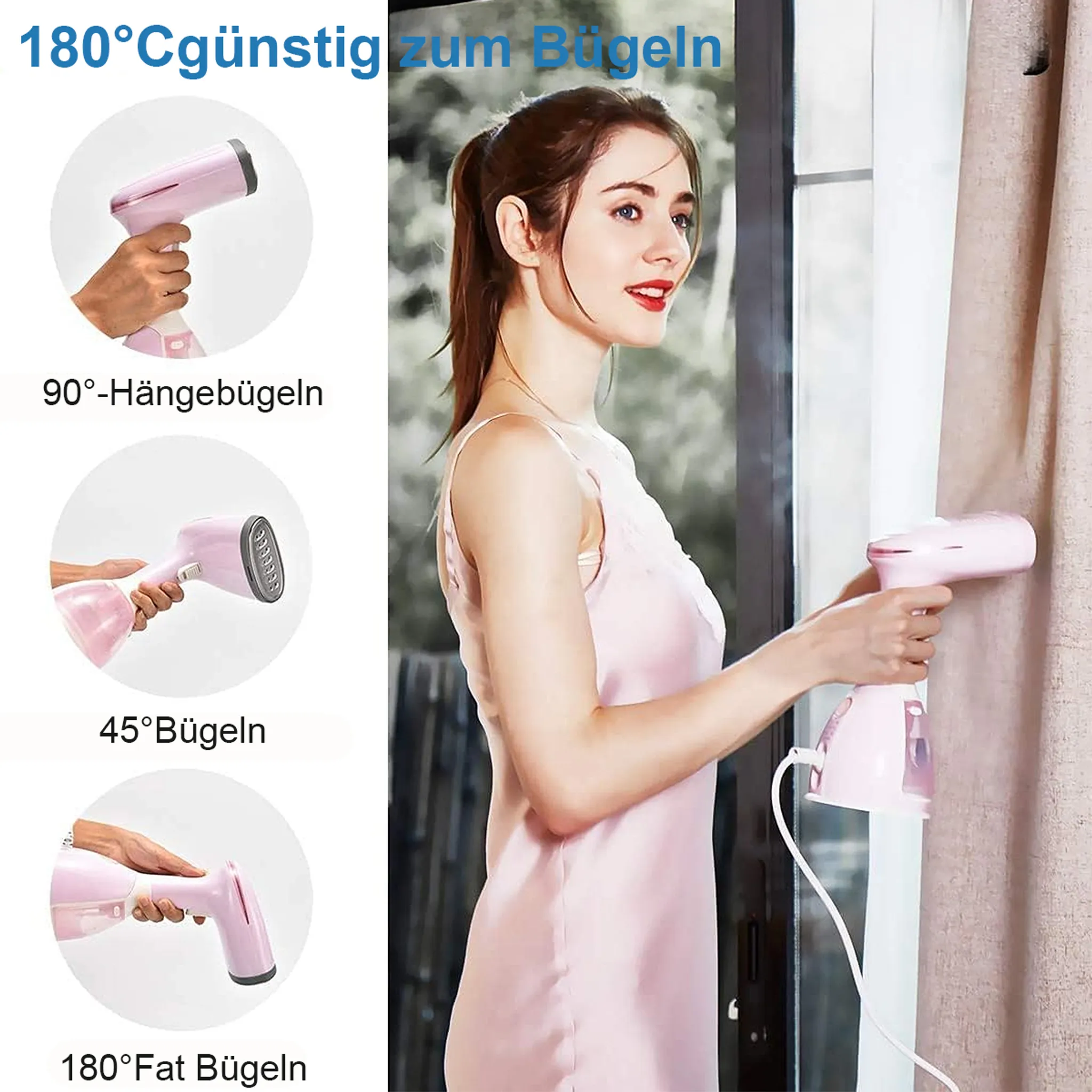 Eine Frau glättet mit einem rosa Dampfbügeleisen einen Vorhang.