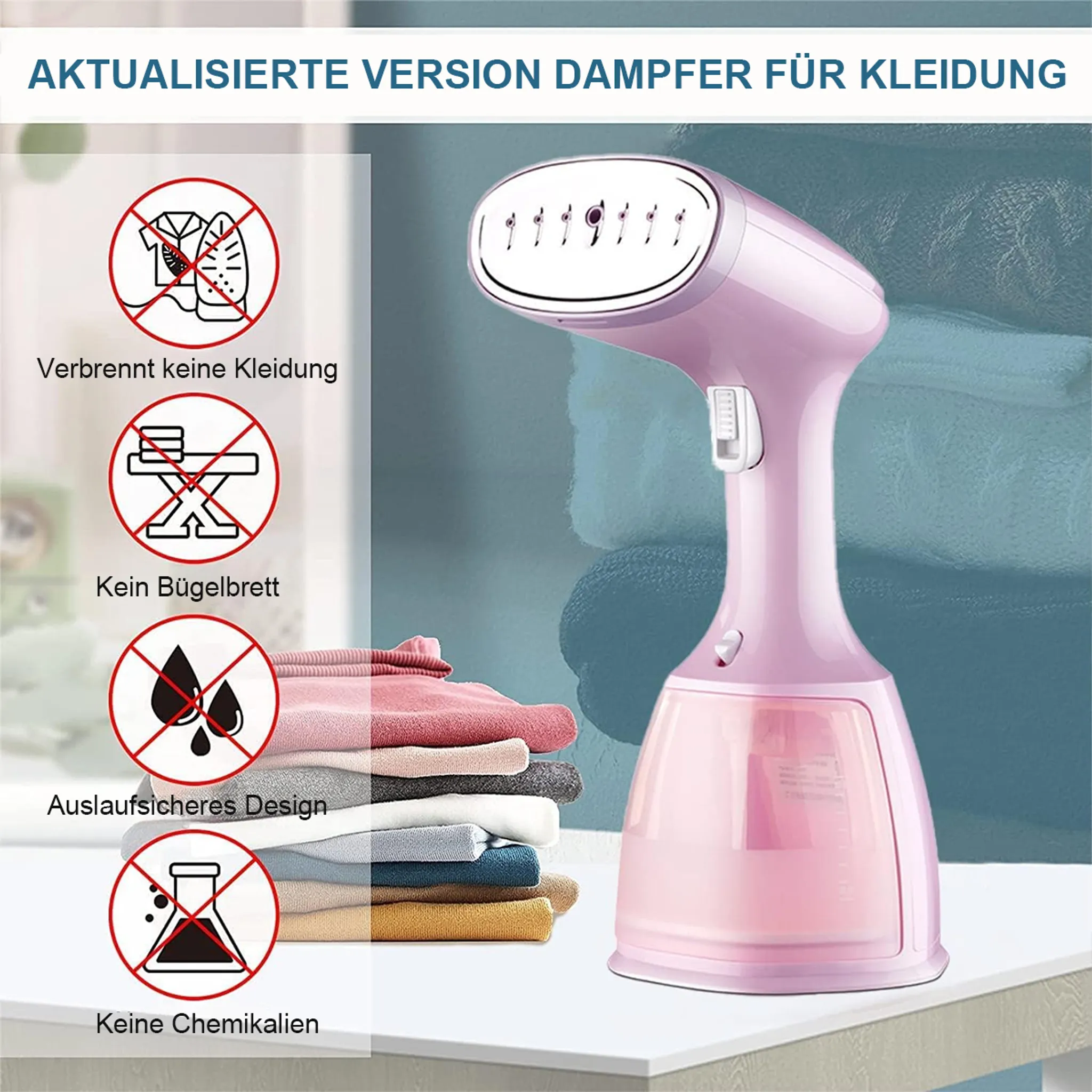 Ein rosa Kleiderdampfer neben einem Stapel Kleidung, mit Warnsymbolen.