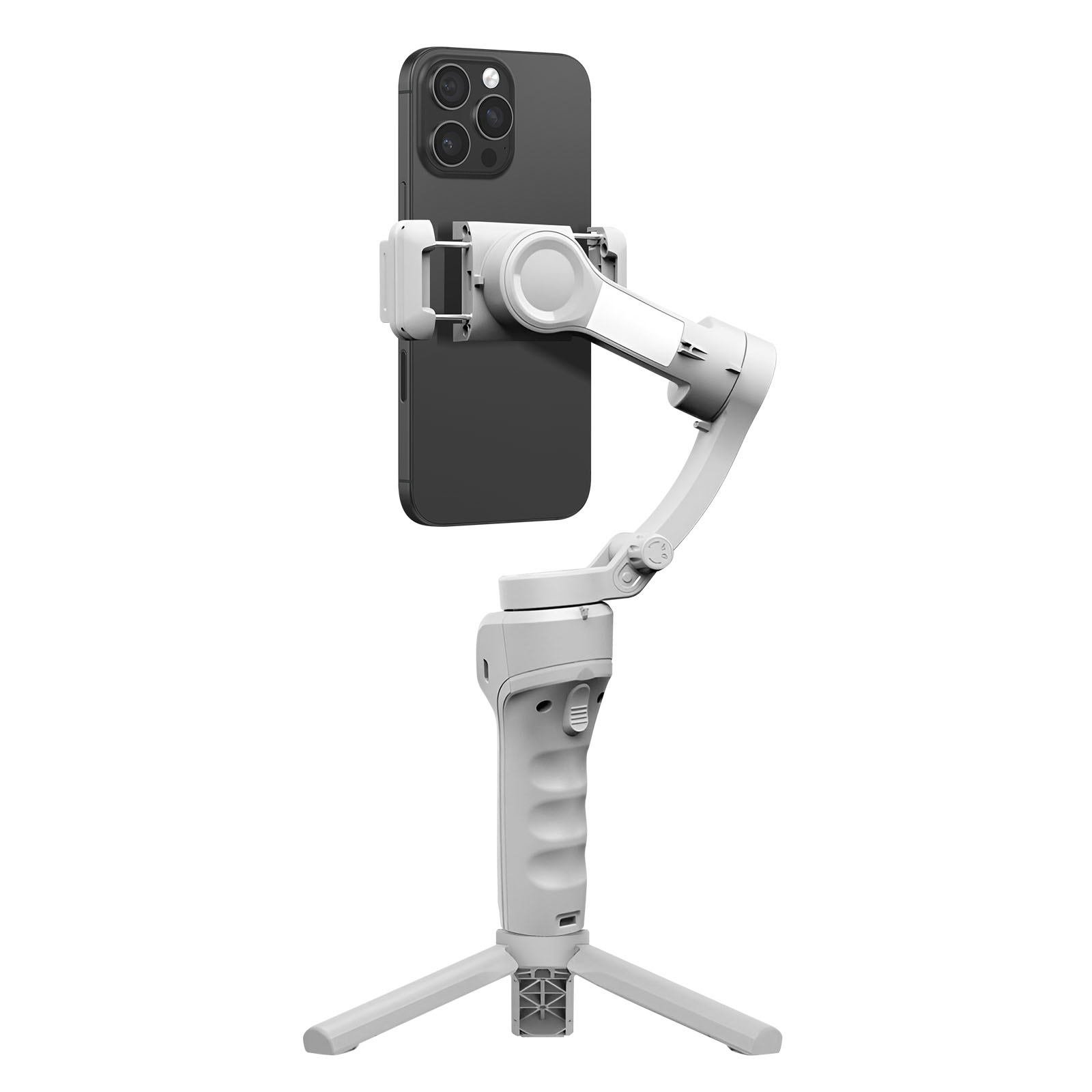 Un gimbal bianco per smartphone con tre gambe e un telefono cellulare nero.