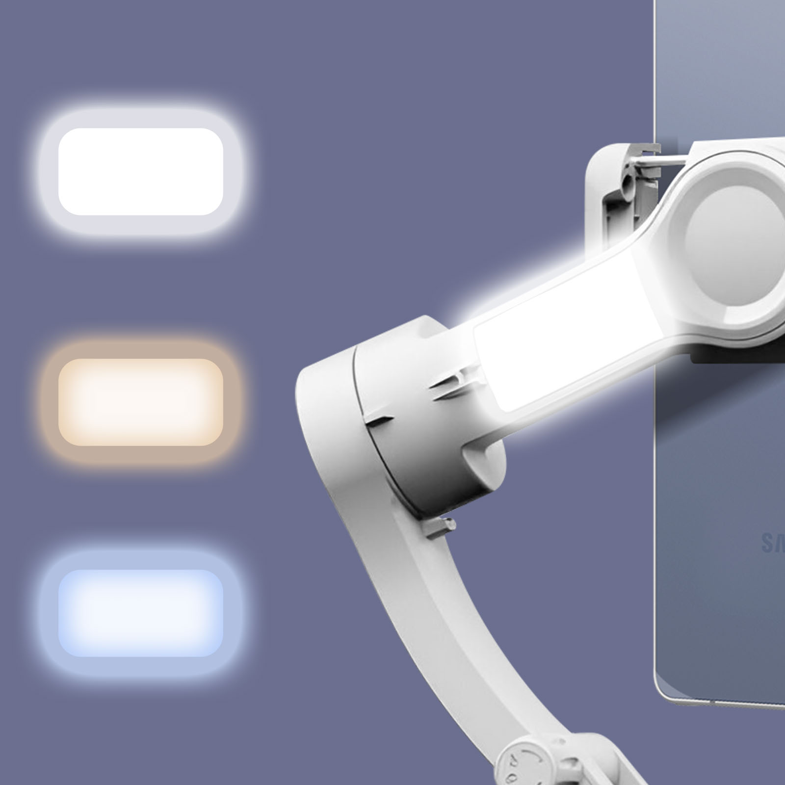 Un gimbal bianco con tre modalità di luce: bianca, gialla e blu.