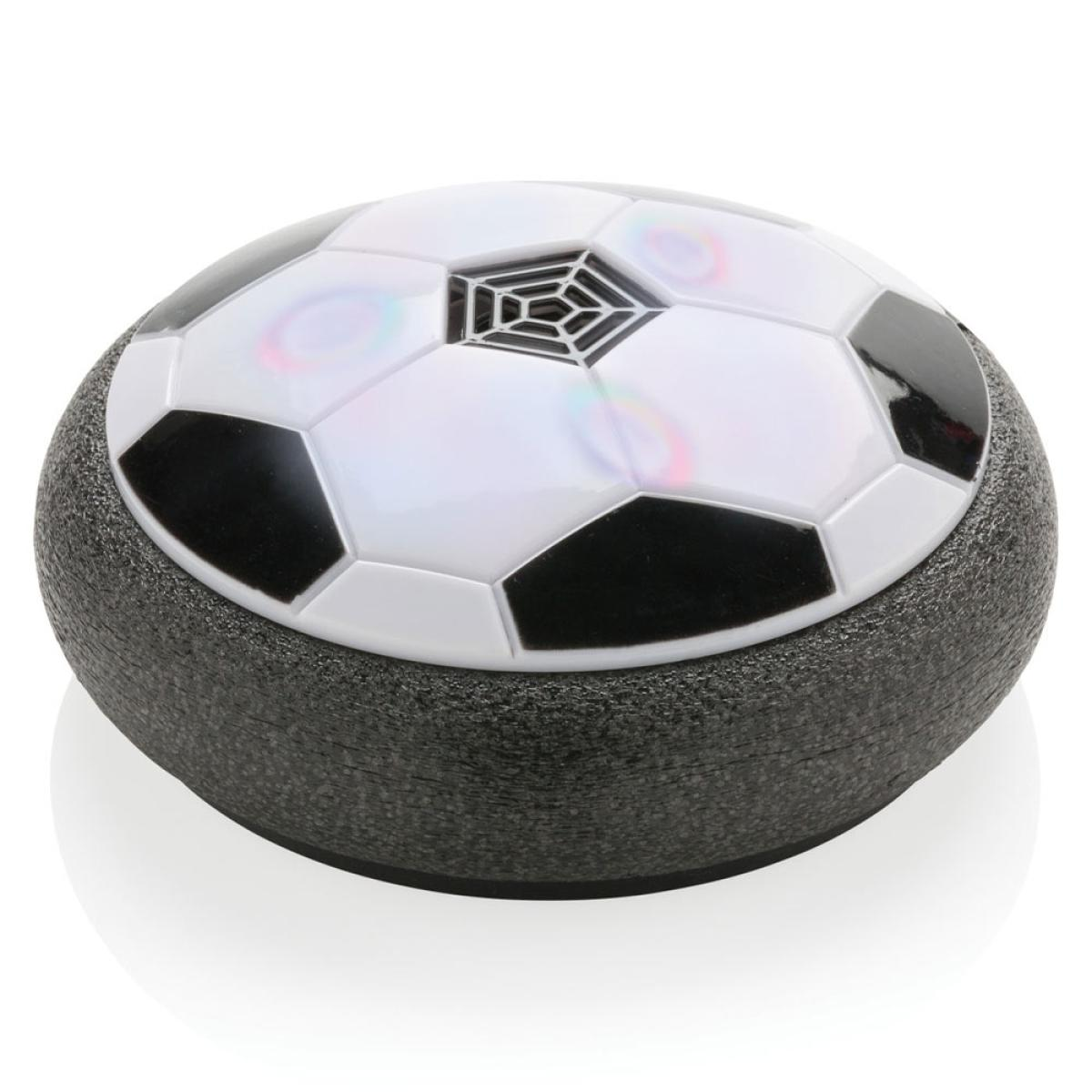 Een zwevende voetbal met zwart-witte panelen en kleurrijke lichten.