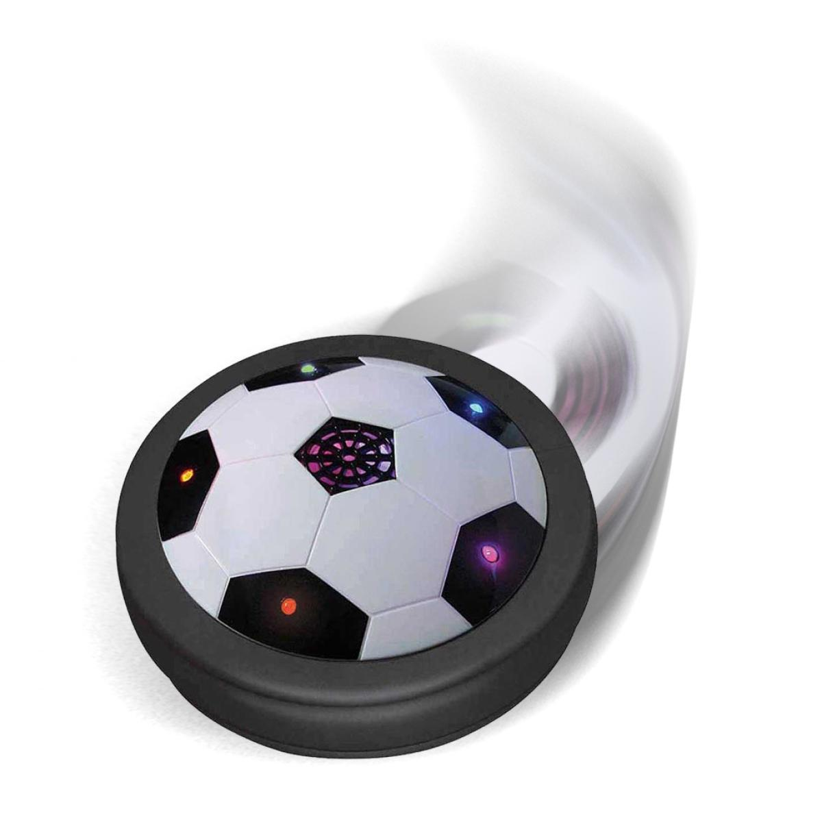 Een zwevend voetbal speelgoed met kleurrijke LED-lampjes en een zwarte basis, snel bewegend.