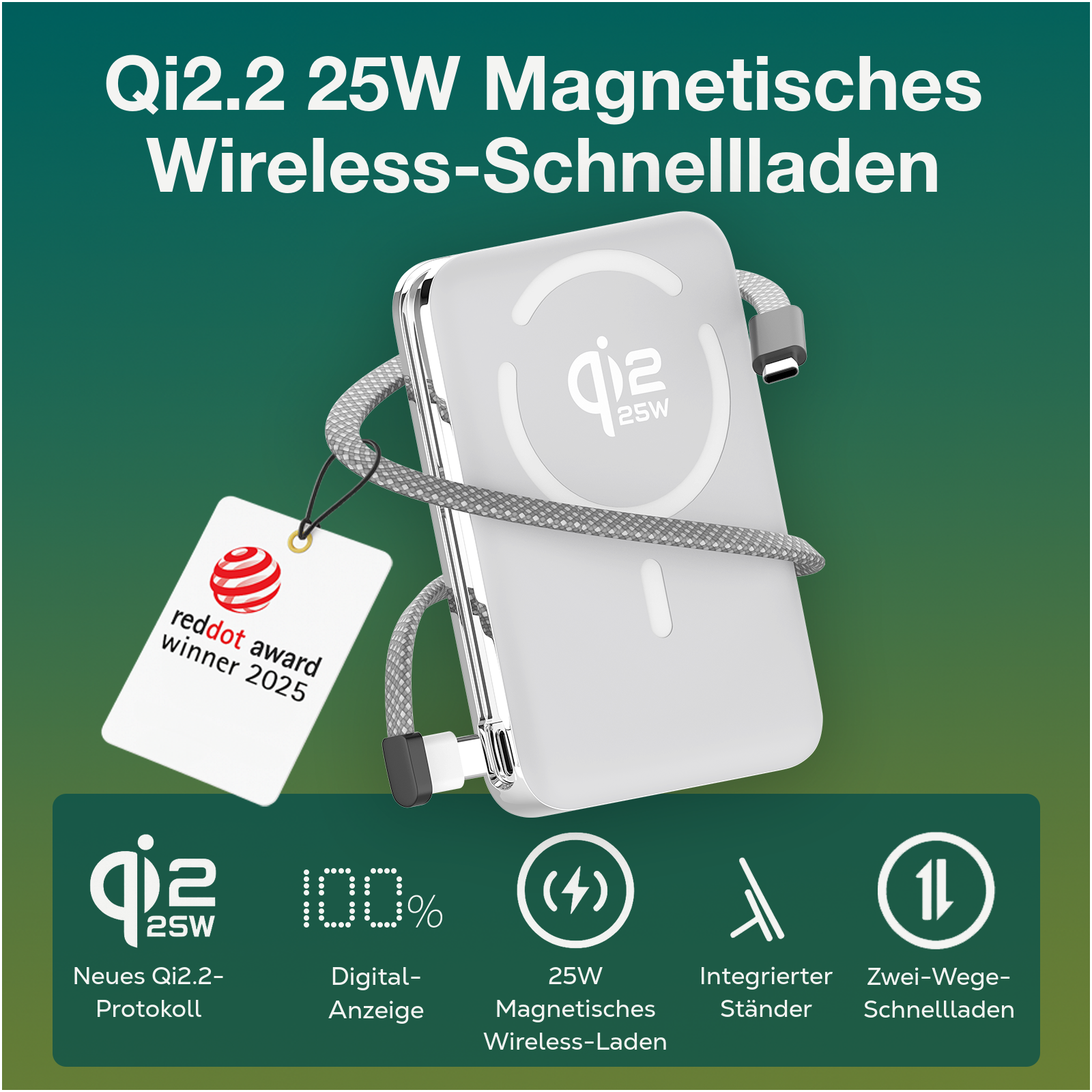Ein weißes Qi2.2 25W MagSafe Ladegerät mit Kabel und rotem Dot Award-Siegel.