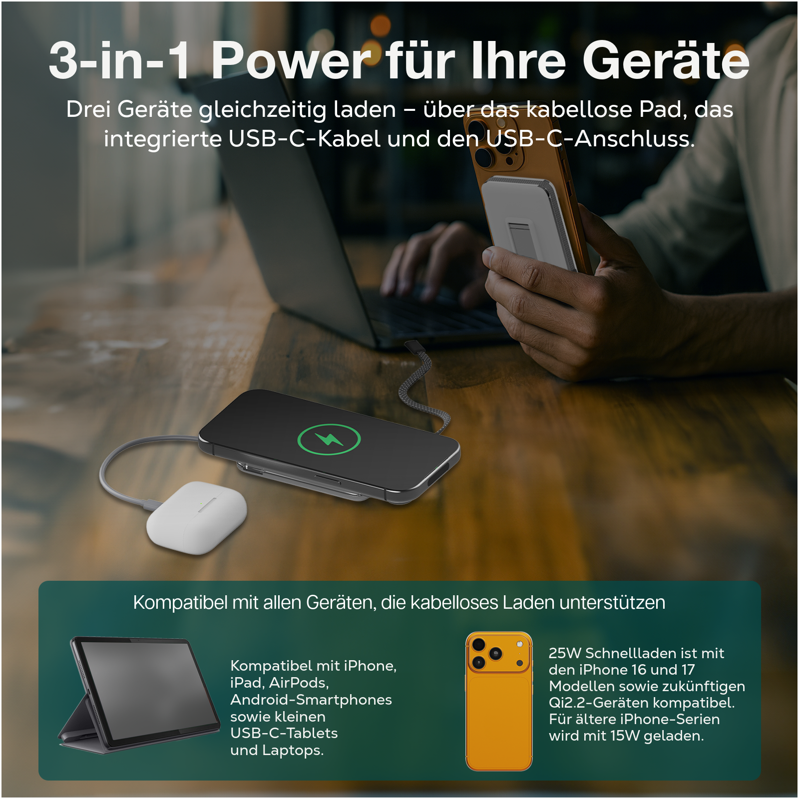 Ein schwarzes Ladepad mit grünen Blitz lädt ein iPhone. Ein weißes Ladecase liegt daneben.