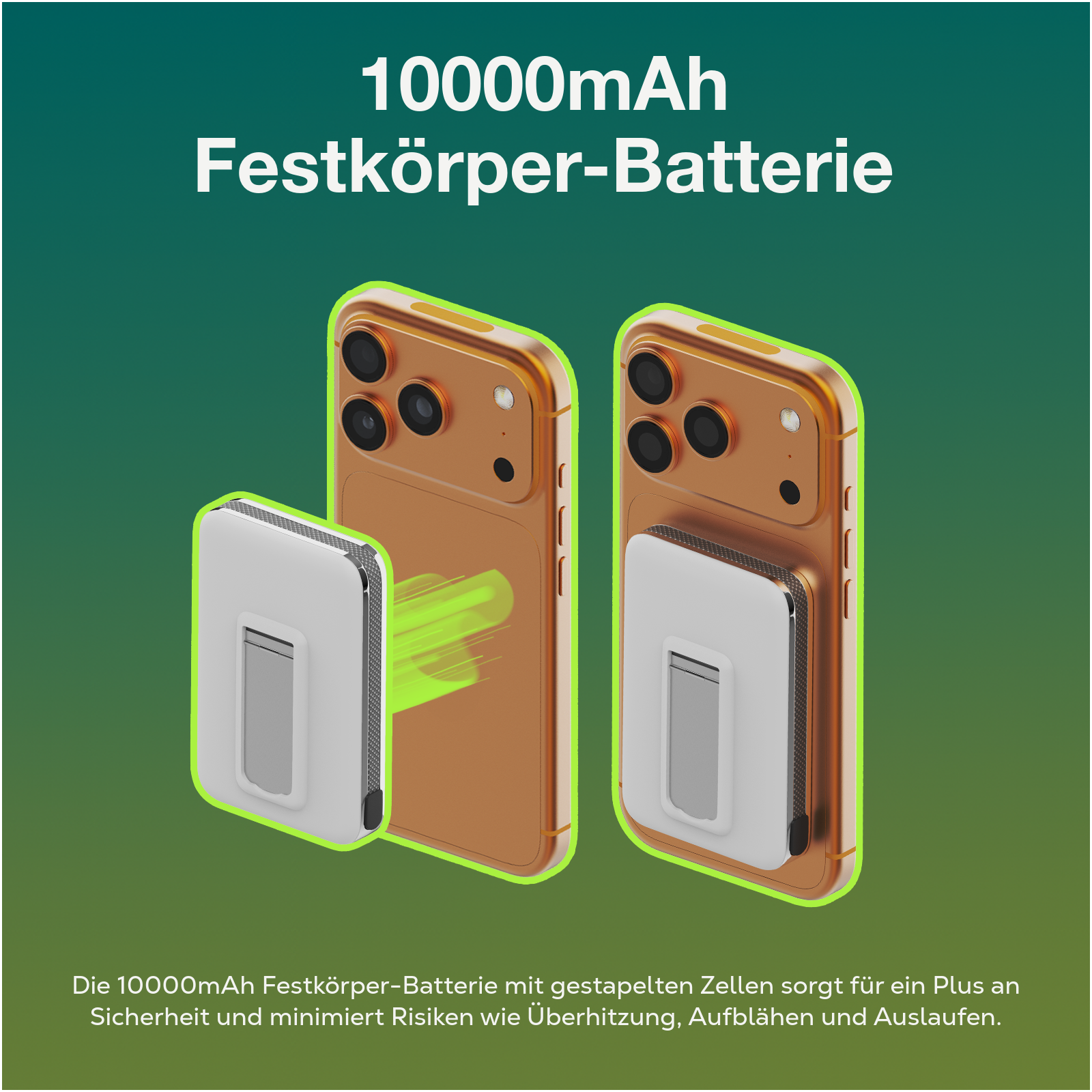 Zwei goldene Smartphones mit einer weißen Batterie, die Energie überträgt.
