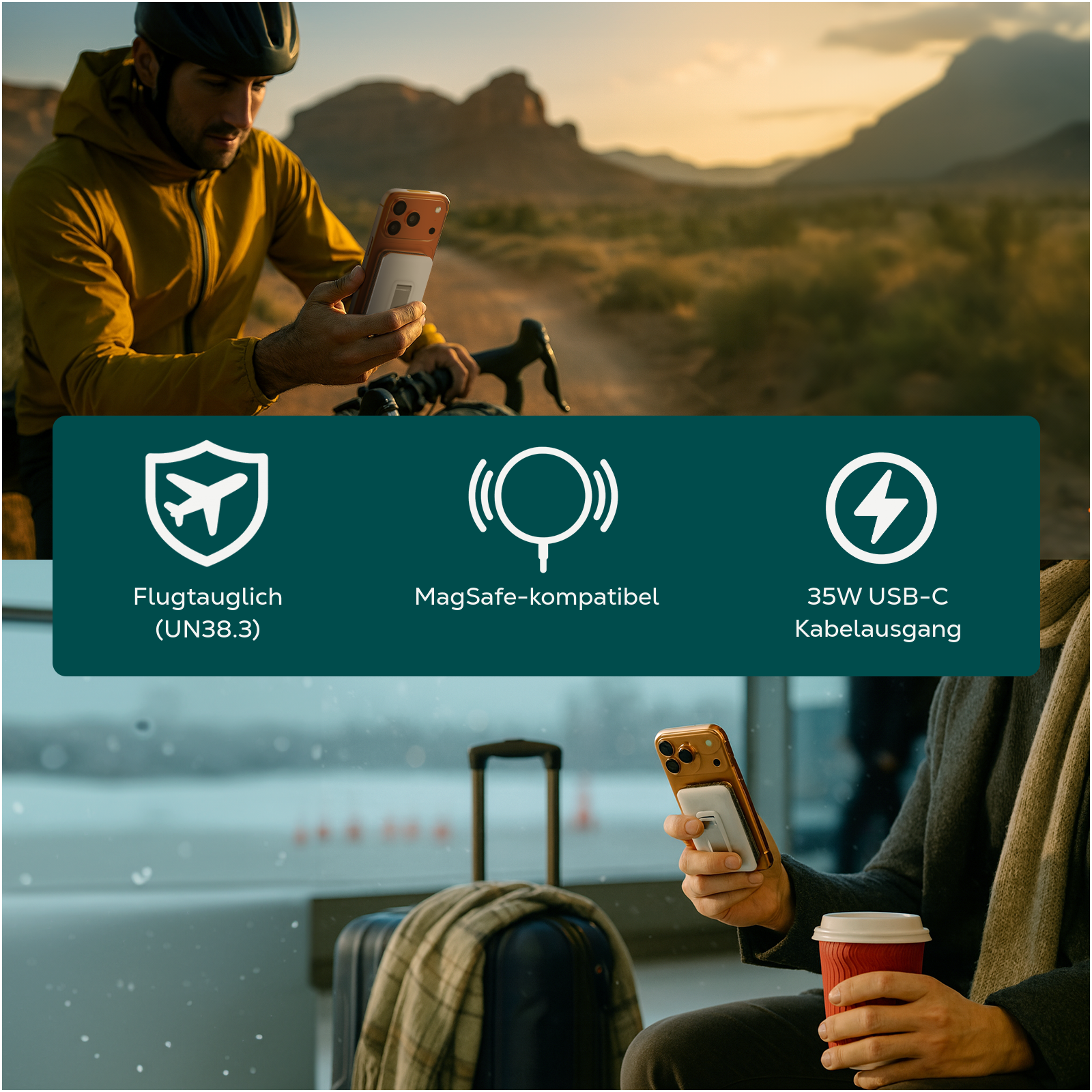 Mann mit Handy & Rad bei Wüstensonne; Person mit Handy, Kaffee & Gepäck drinnen.