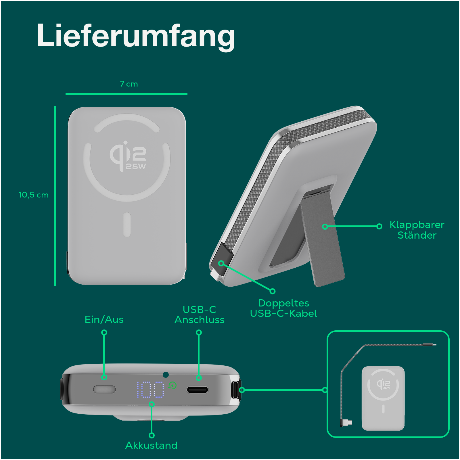 Ein weißes Powerbank-Set mit mehreren Ansichten und Maßen.