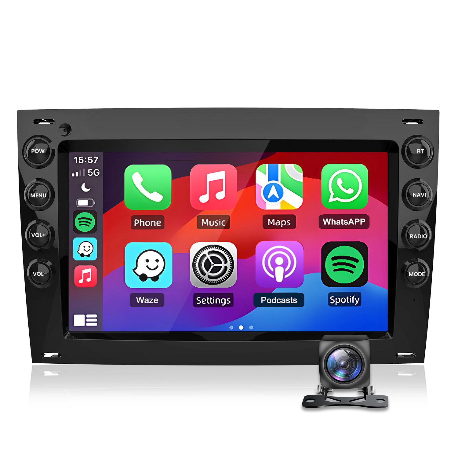 Auto-Infotainmentsystem mit Apps: Telefon, Musik, Karten, WhatsApp, Waze, Einstellungen, Podcasts, Spotify.