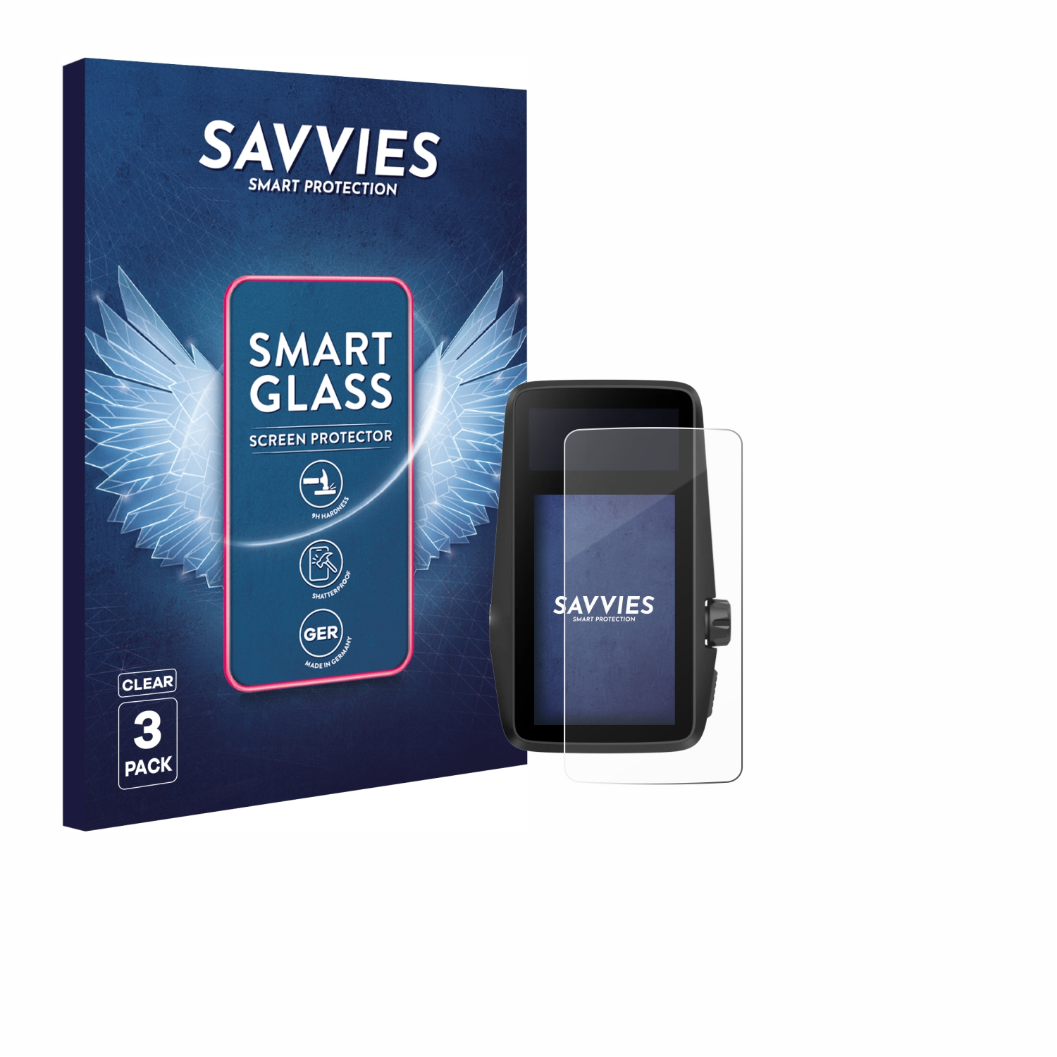 Savvies Smart Glass Displayschutzfolie Packung und ein Smart-Gerät.