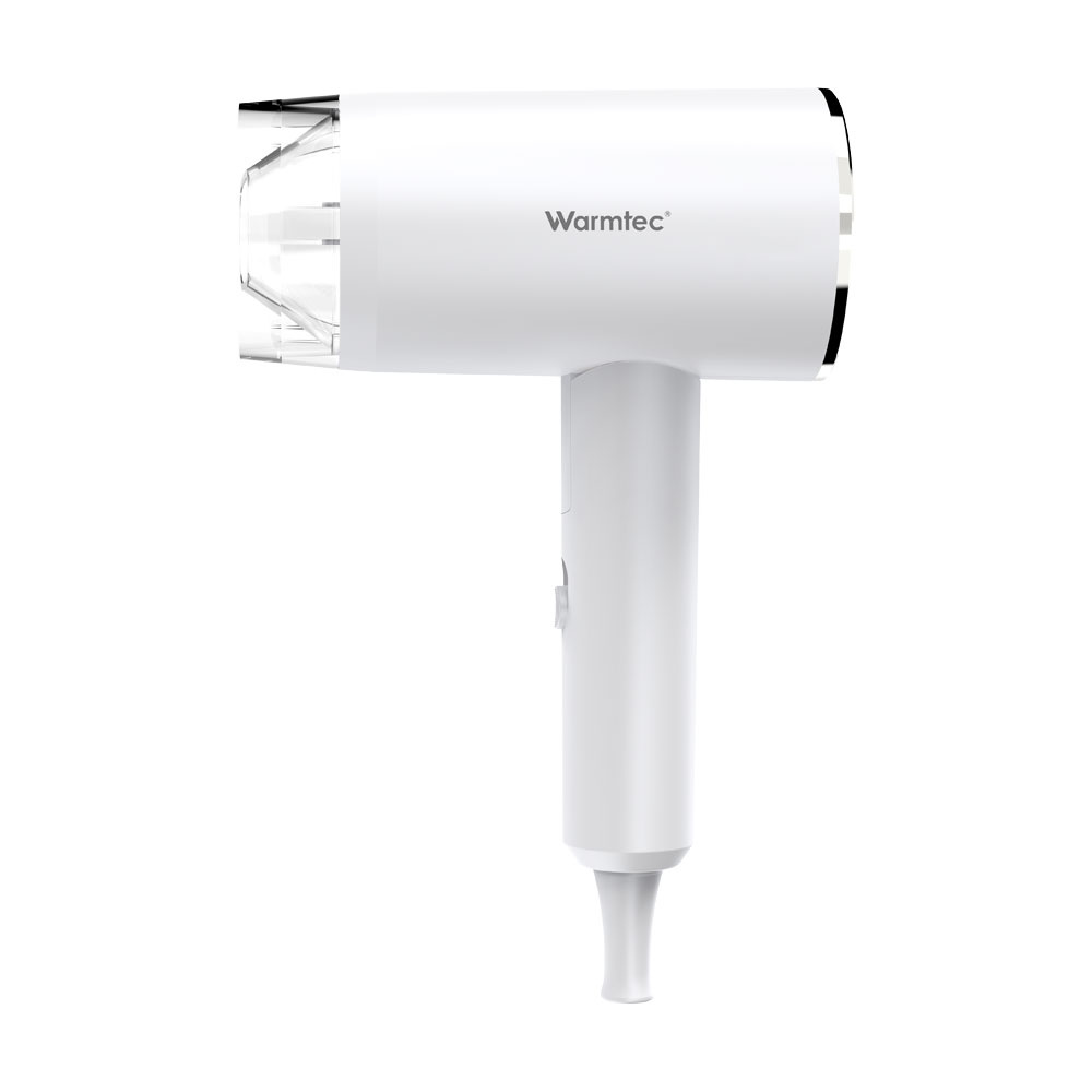 Biała suszarka do włosów z przezroczystą dyszą i logo "Warmtec".