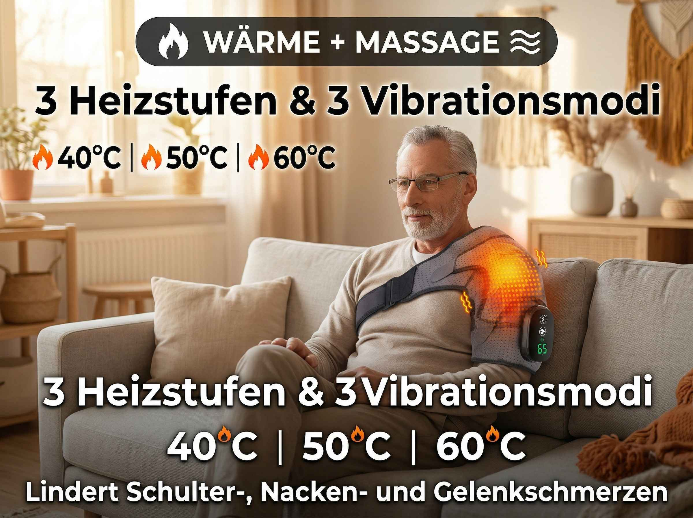 Mann mit beheizter Schulterbandage, 3 Heiz- und Vibrationsstufen.