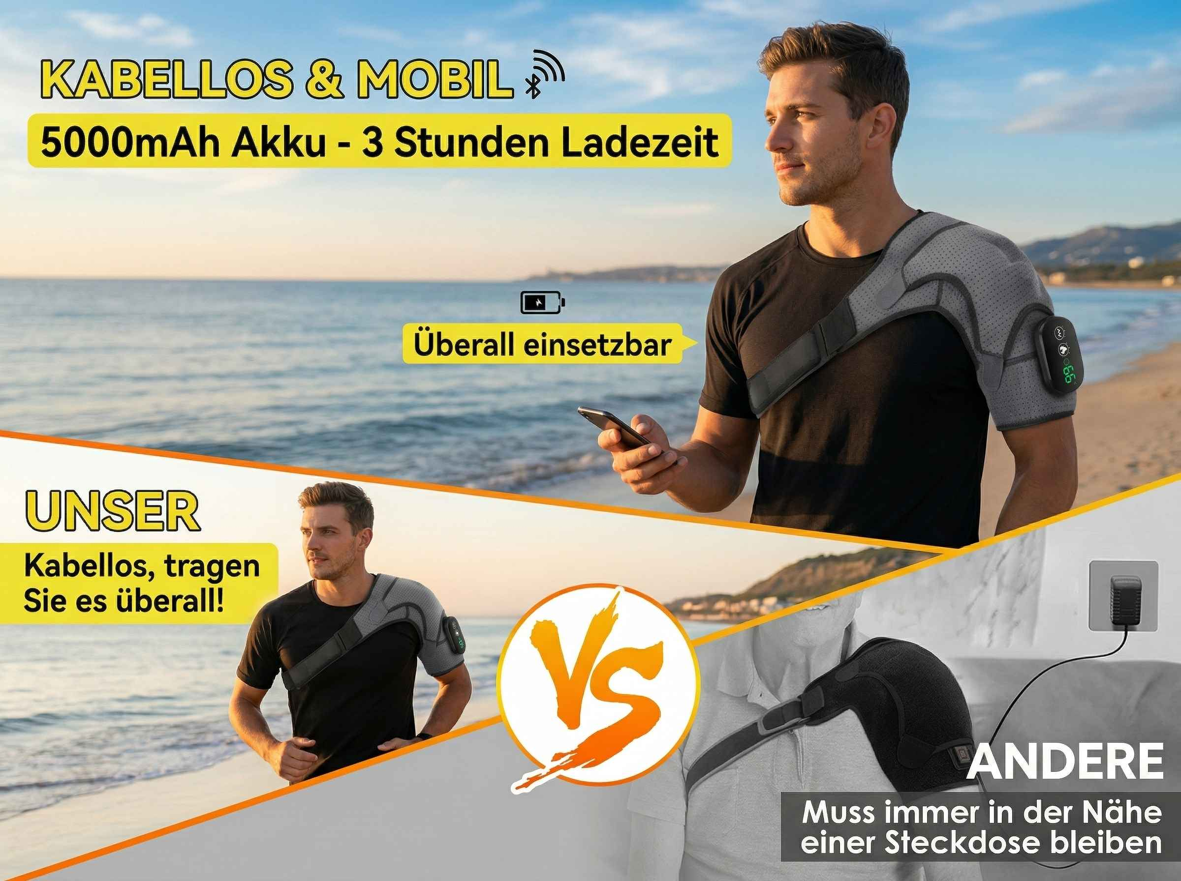 Mann am Strand mit kabellosem Massagegerät. Vergleich mit verdrahtetem Gerät.
