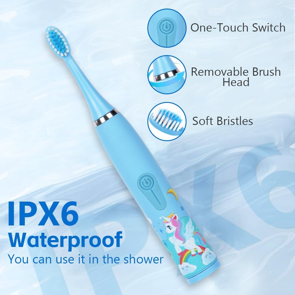 Hellblaue elektrische Zahnbürste mit Einhorn-Design, IPX6 wasserdicht.