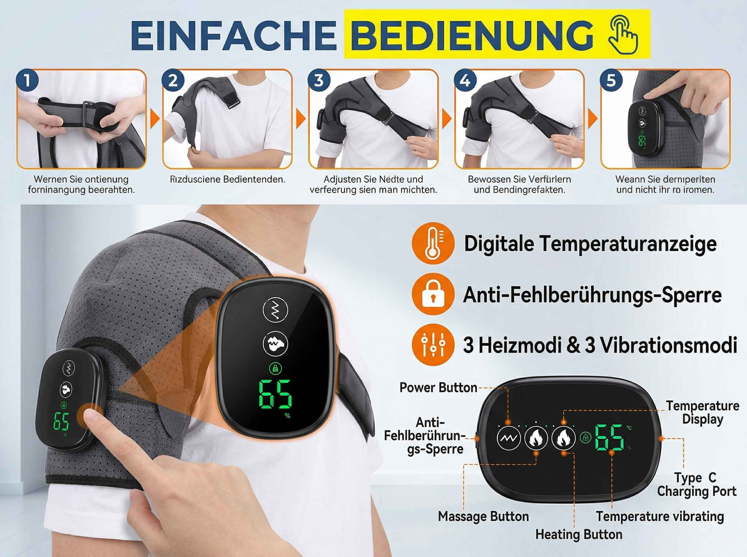 Tragehilfe mit digitaler Anzeige, Heiz- und Vibrationsmodi.