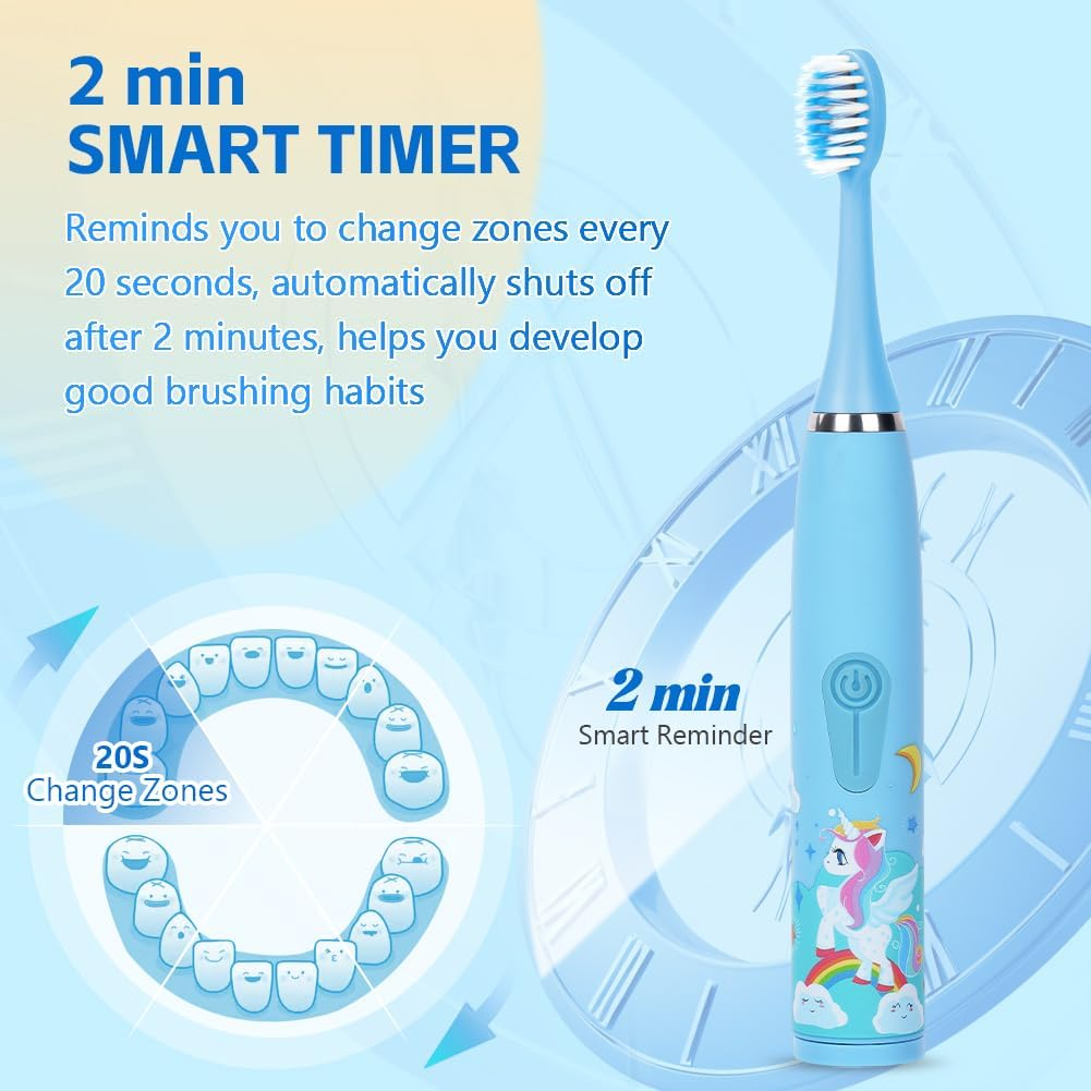 Blaue elektrische Zahnbürste mit Einhorn-Design, 2-Minuten-Timer und Zonenwechselanzeige.