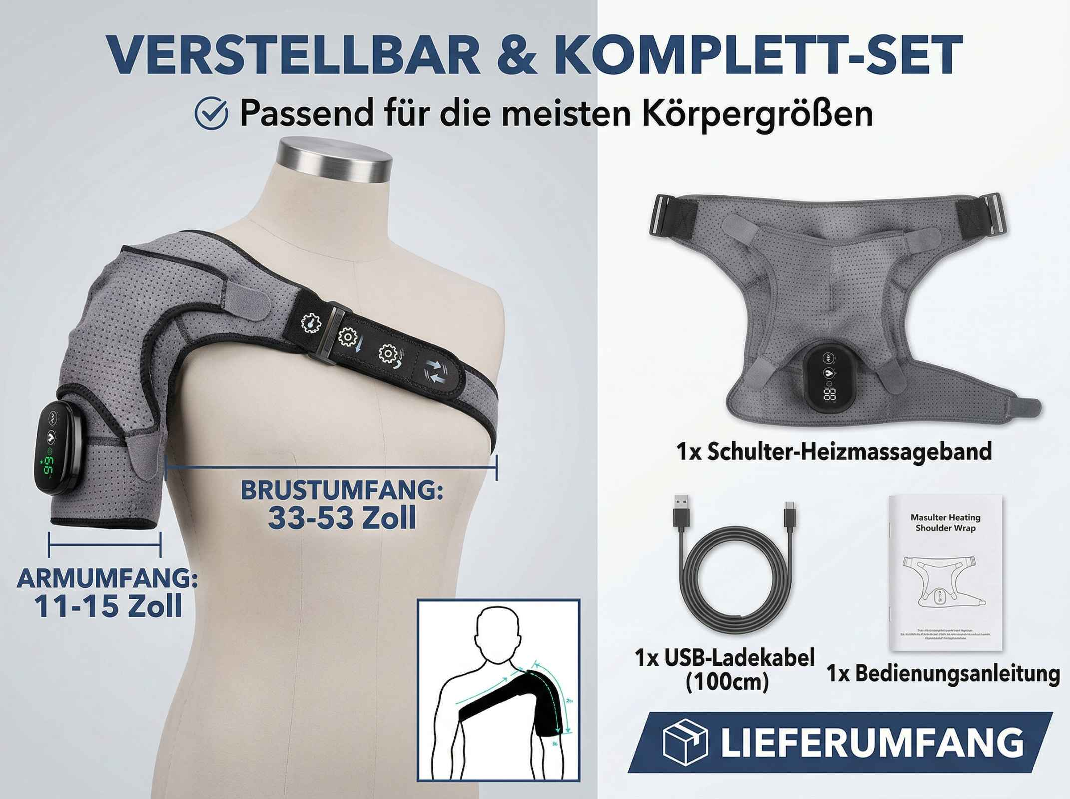 Graues Heiz-Schulter-Massageband mit digitaler Anzeige, USB-Kabel und Anleitung.